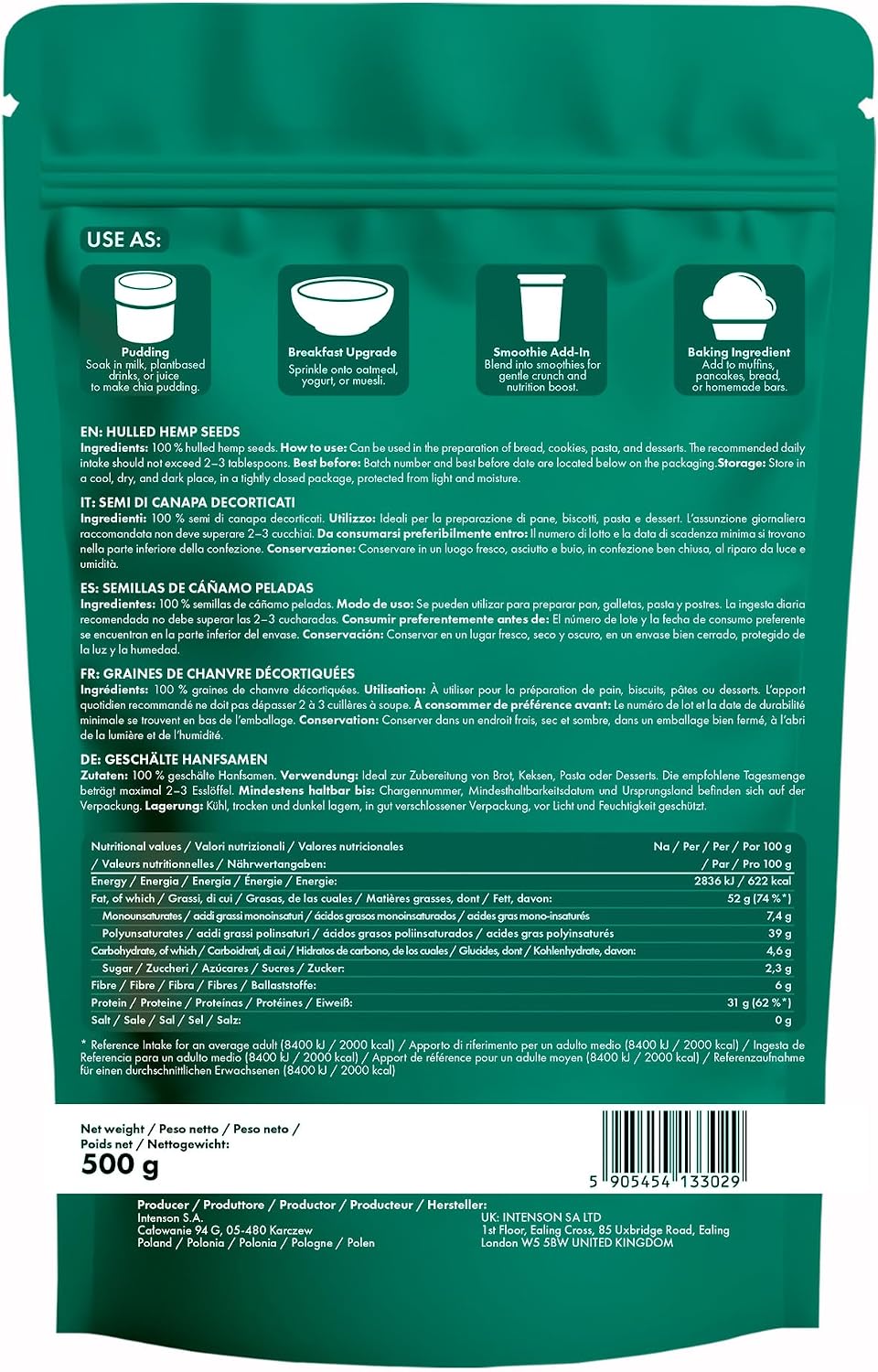 Detalle 2 de Intenson Semillas de Cáñamo Peladas 500 g