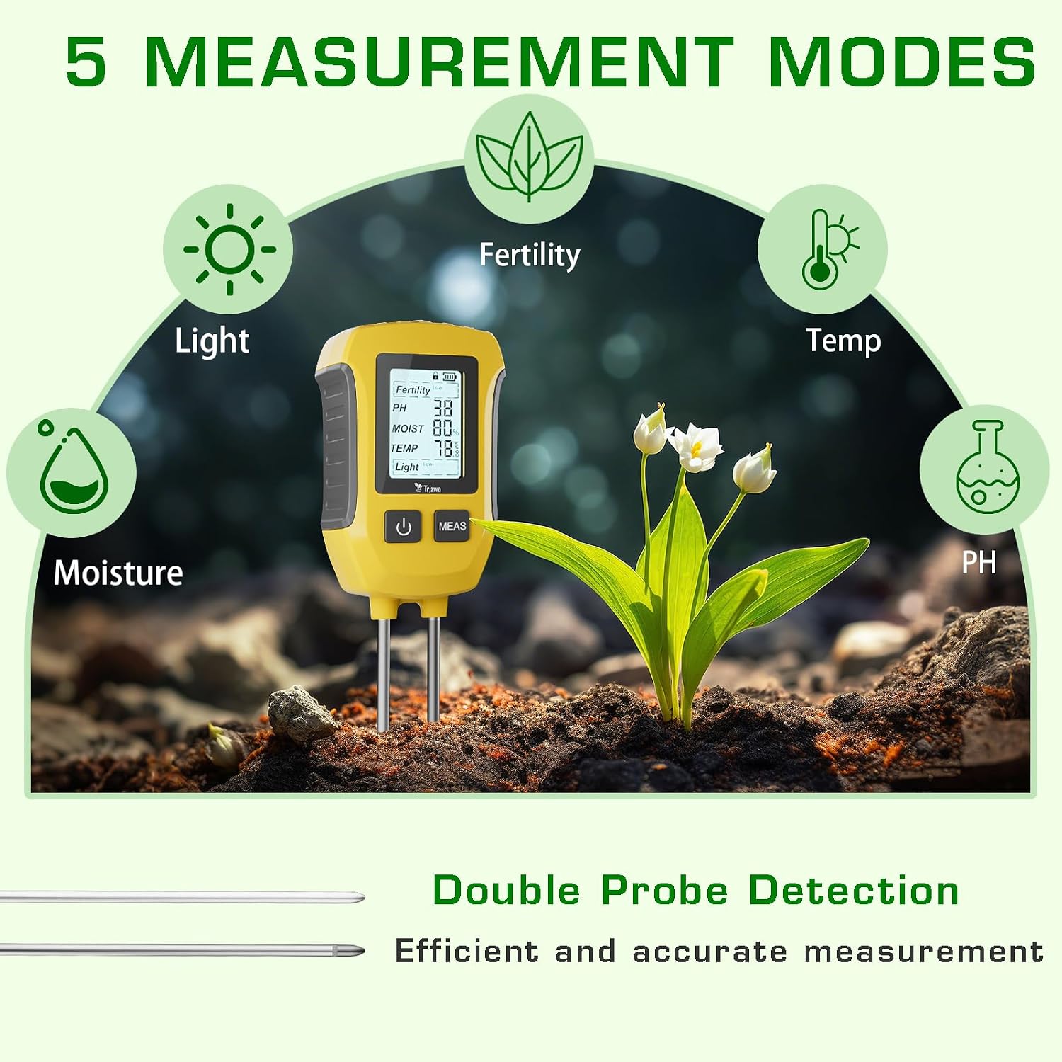 Thumbnail 1 de TRJZWA 5 in 1: Misuratore di PH del Terreno, Igrometro per Piante con Display LCD – Fertilità, Umidità, pH, Temperatura e Luce Solare