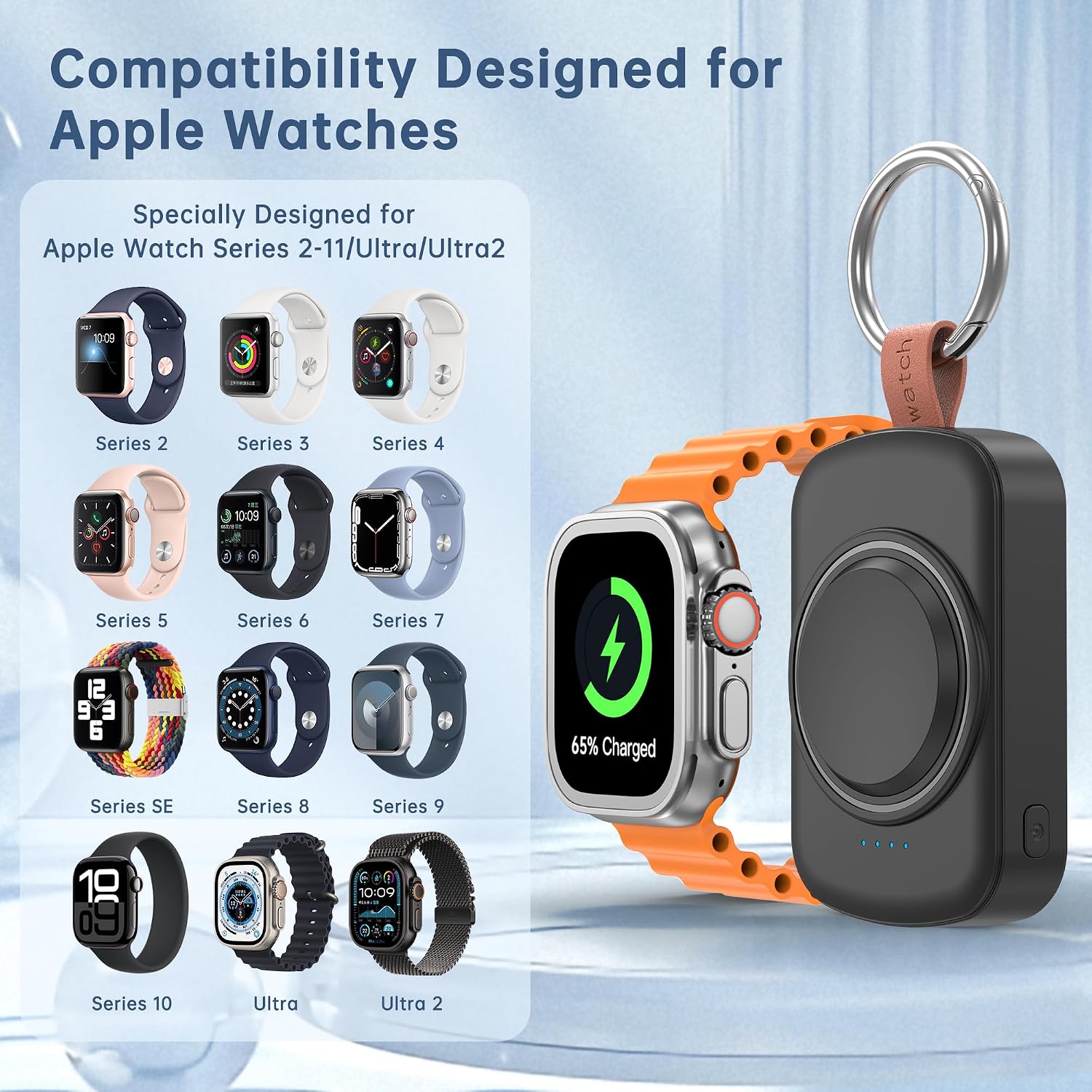 Detalle de Portable Charger for Apple Watch (1800mAh) with Keychain Travel Charger and Magnetic Fast Charging, Black