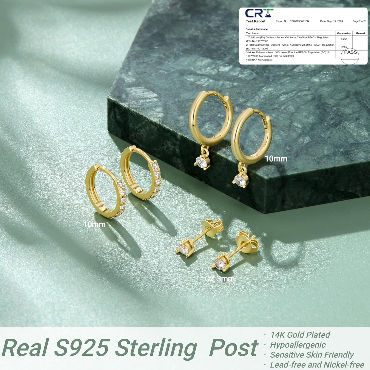 Thumbnail 1 de Macachii 3 Pairs Small Hoop Earrings Set in 925 Sterling Silver (plus CZ) for Multiple Piercings