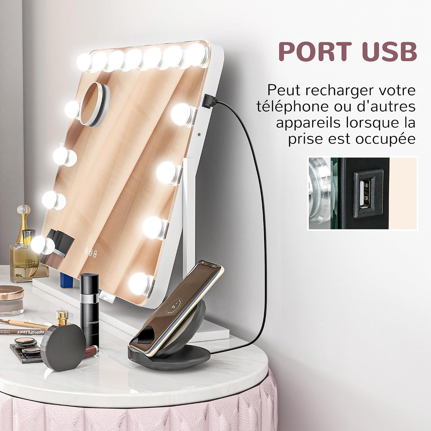 Detalle de HOMCOM Miroir Maquillage Hollywood 63 x 50 cm
