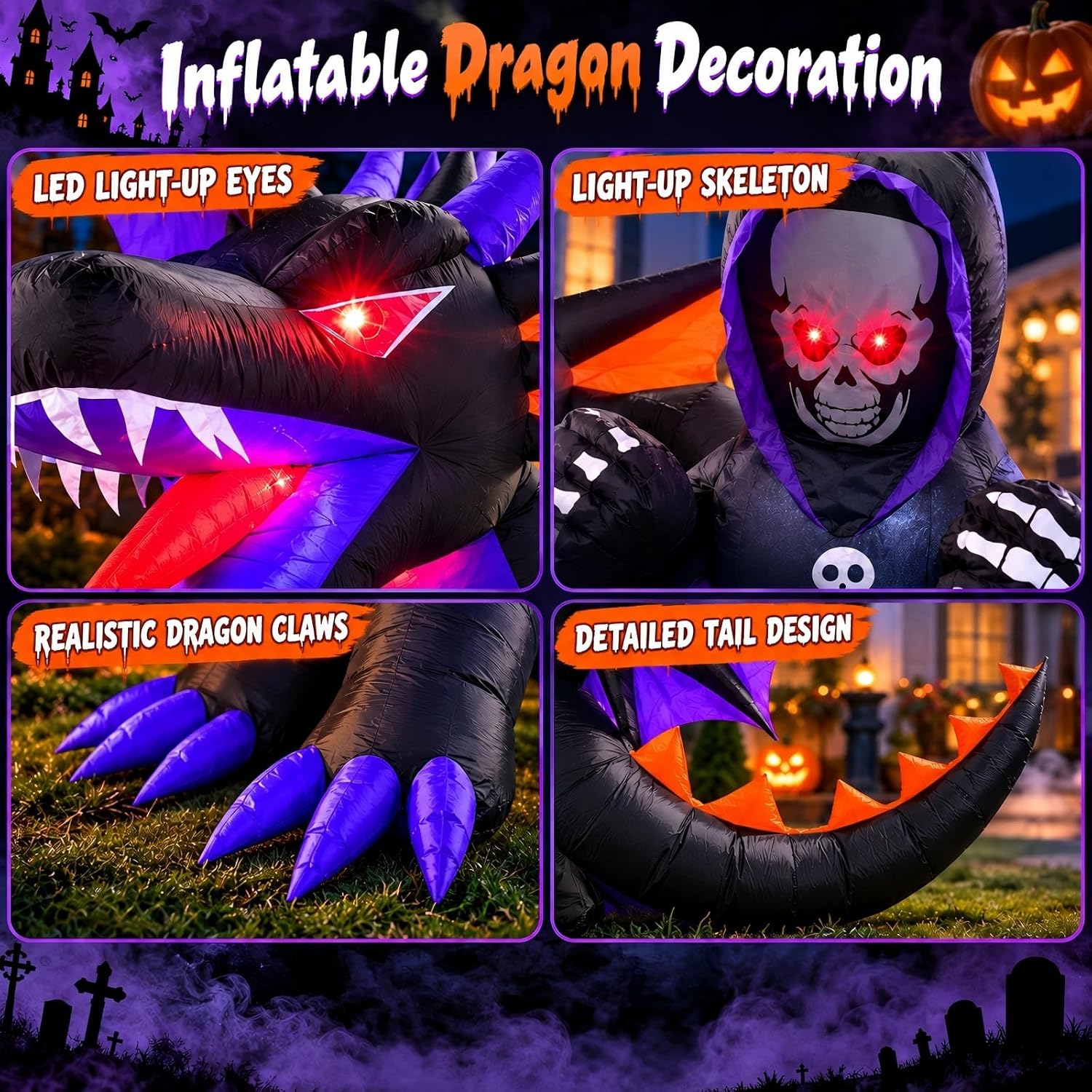 Detalle 2 de Skirfy 7FT Halloween Inflatable Dragon with LED Lights for Outdoor Displays