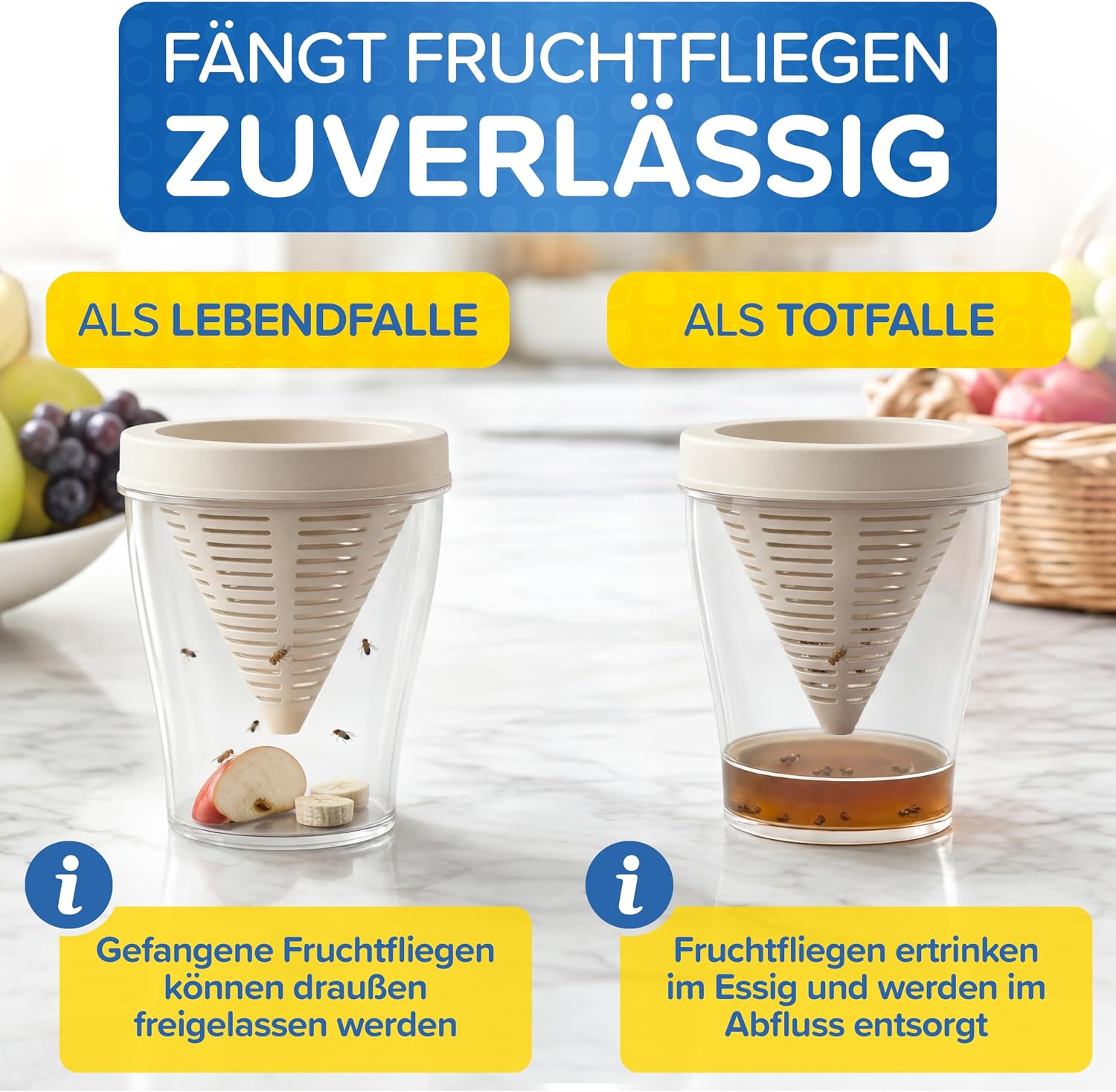 Detalle 2 de Patronus Fruchtfliegenfalle für Küche – 2x robuste, wiederverwendbare Fruchtfliegen Lebendfalle (spülmaschinenfest)