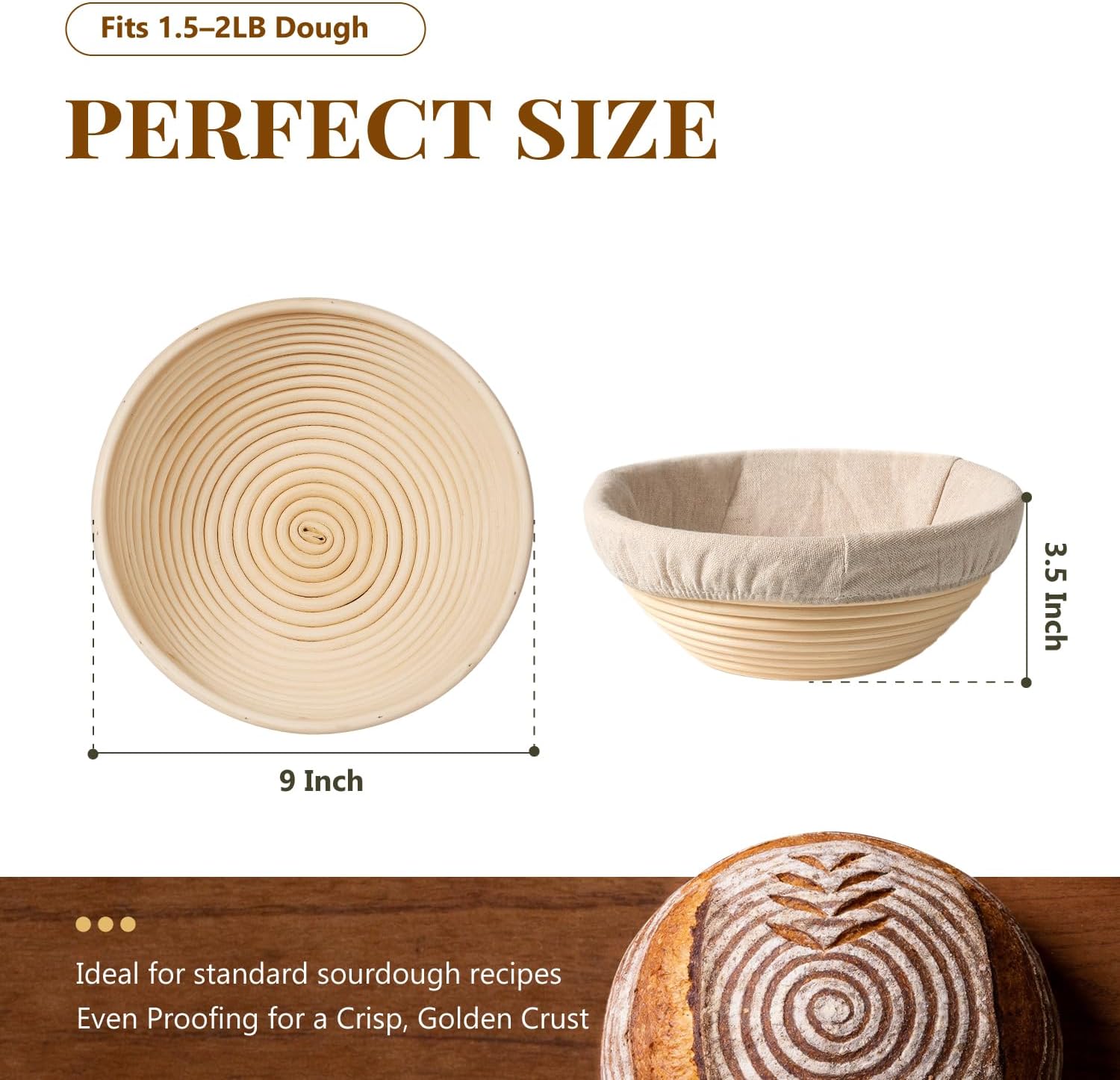 Detalle 1 de BAVIFY Bread Proofing Baskets, 2-Pack 9-Inch Round Natural Rattan Bannetons