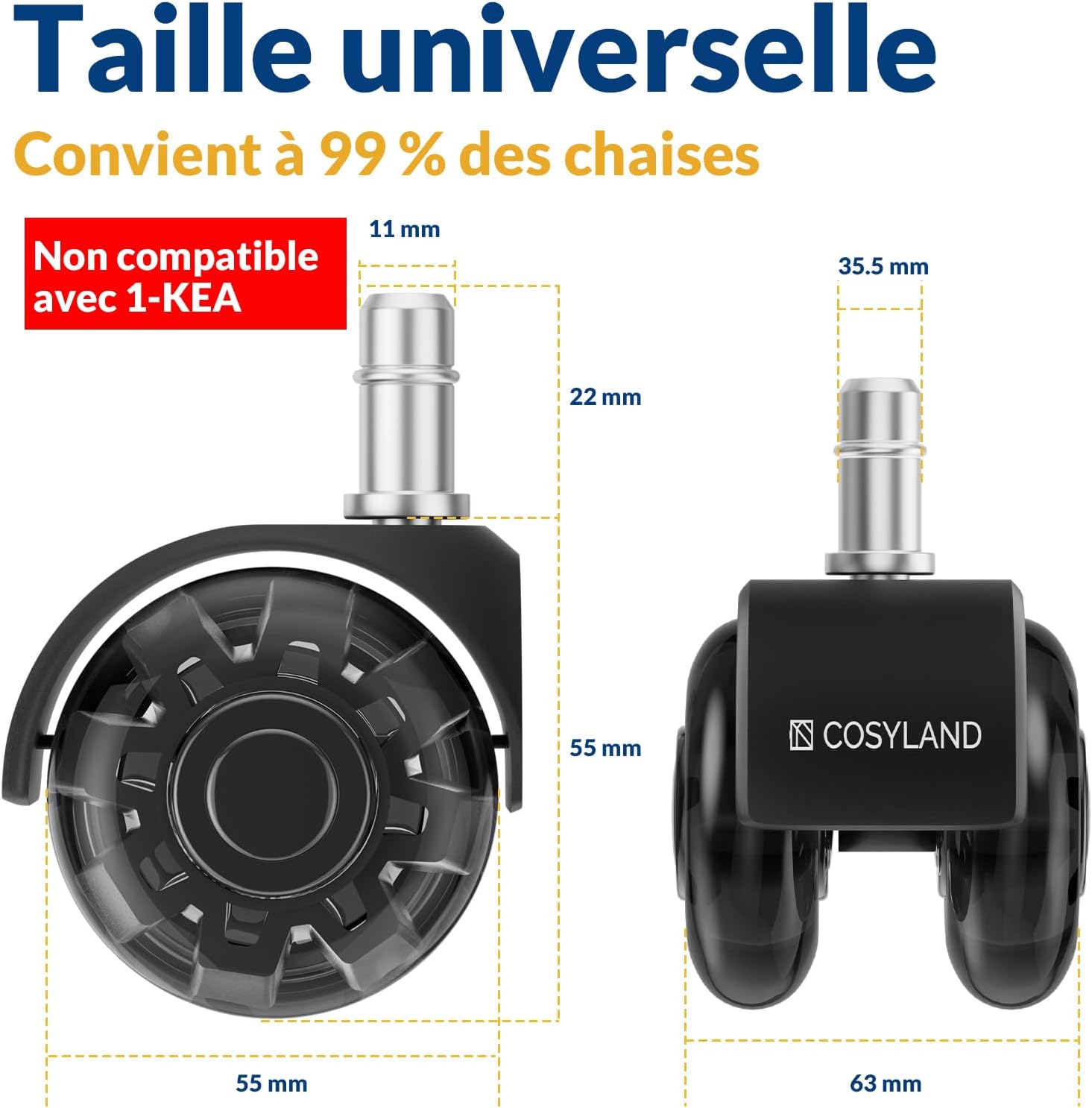 Detalle 2 de COSYLAND 5PCS Roulettes Chaise Bureau 11x22mm – Silencieuses, Capacité 300 kg, 360°
