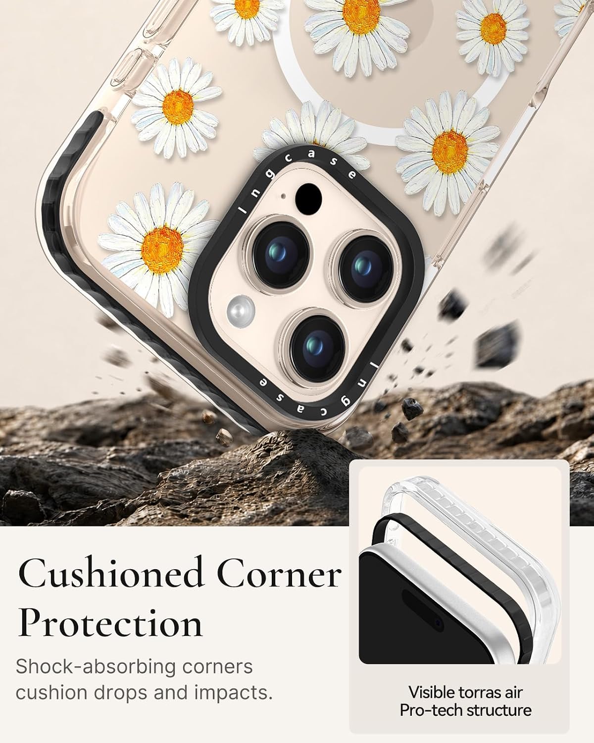Detalle de Ingcase iPhone 16 Pro Max Case, Daisy Floral TPU with Magnetic Ring Stand