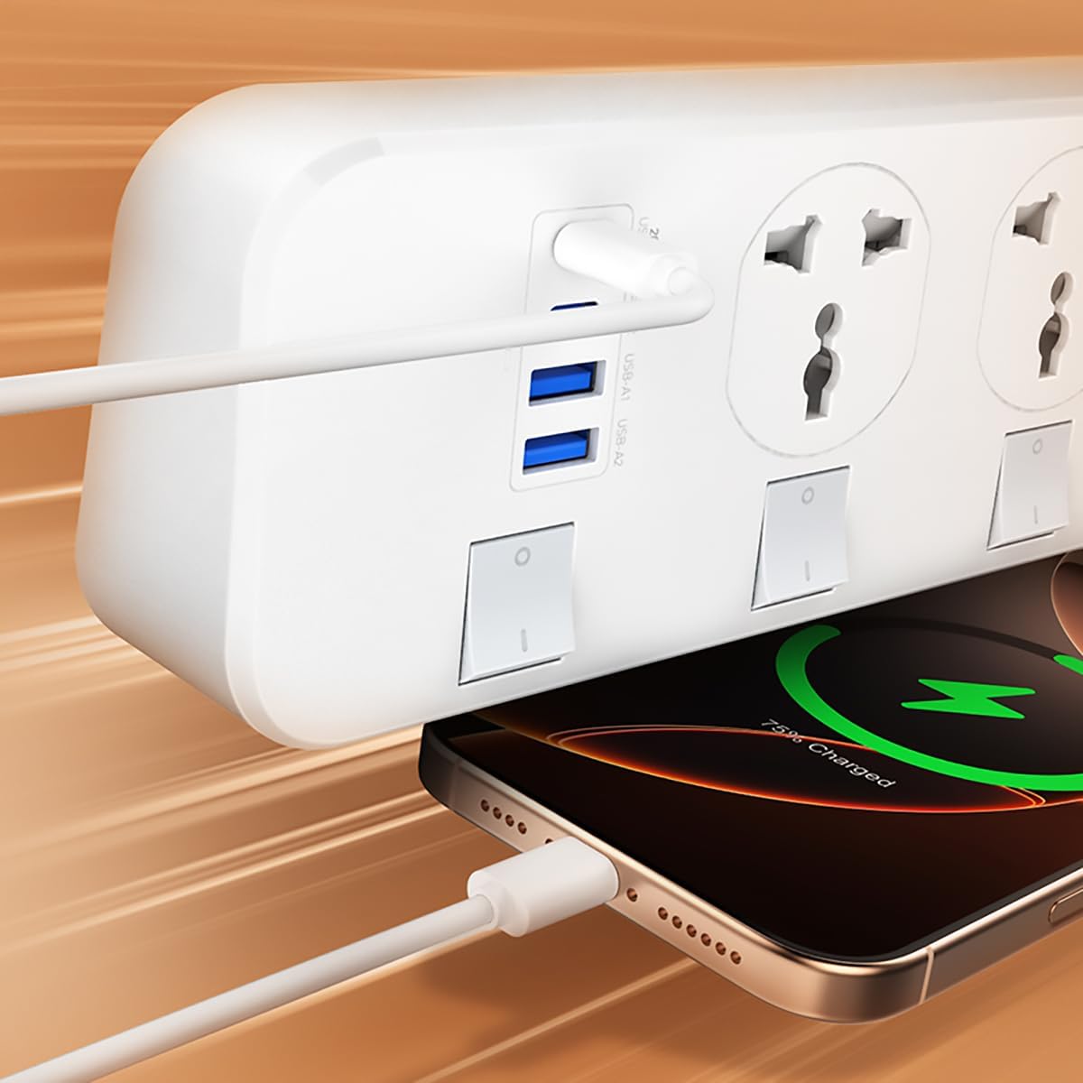 Detalle de LELYFIT Multi Power Bar stekkerdoos met 4 universele stopcontacten en USB-C PD