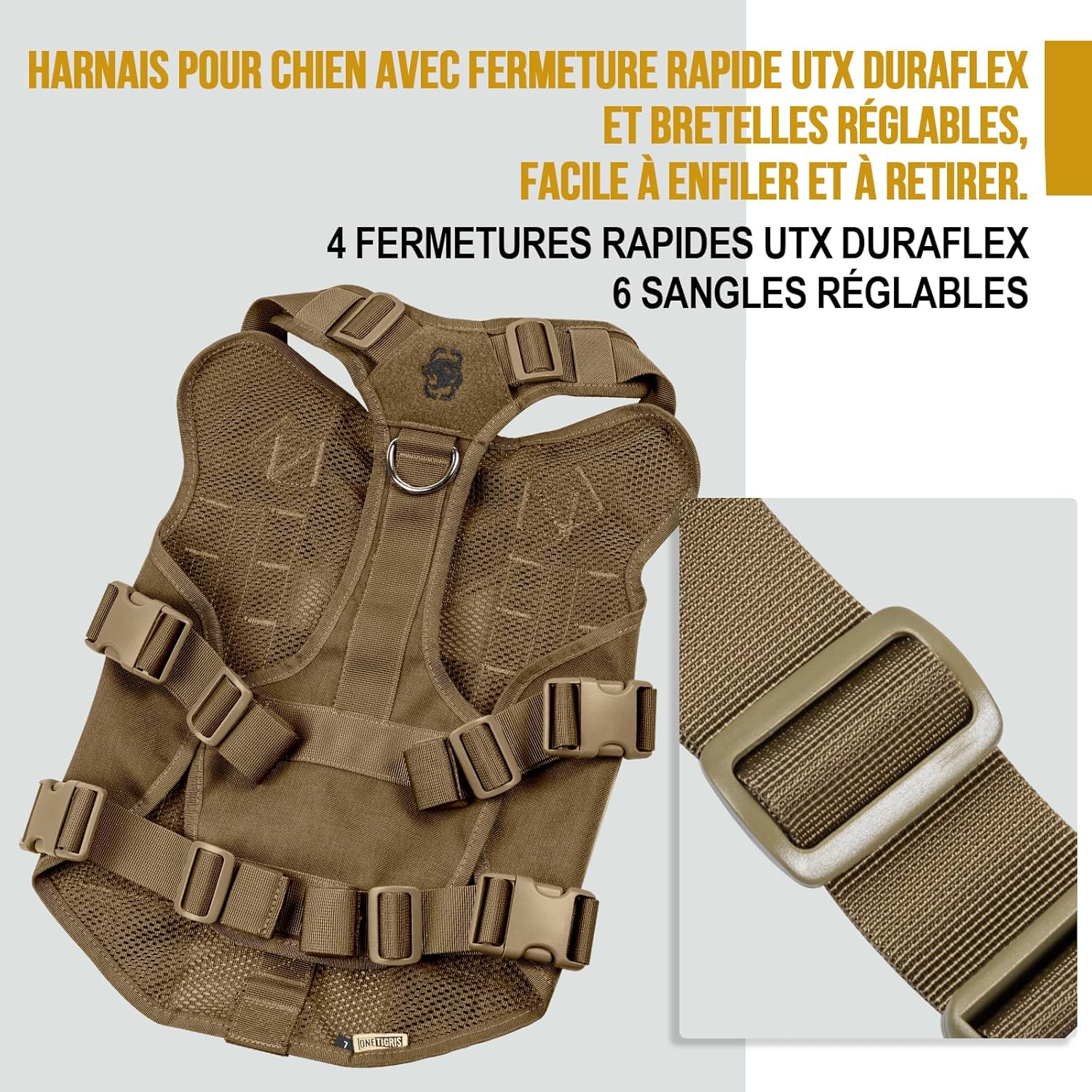 Detalle de OneTigris Harnais de sécurité réglable pour chiens de grande et moyenne taille – Maille Aire, 2 poignées, accès MOLLE