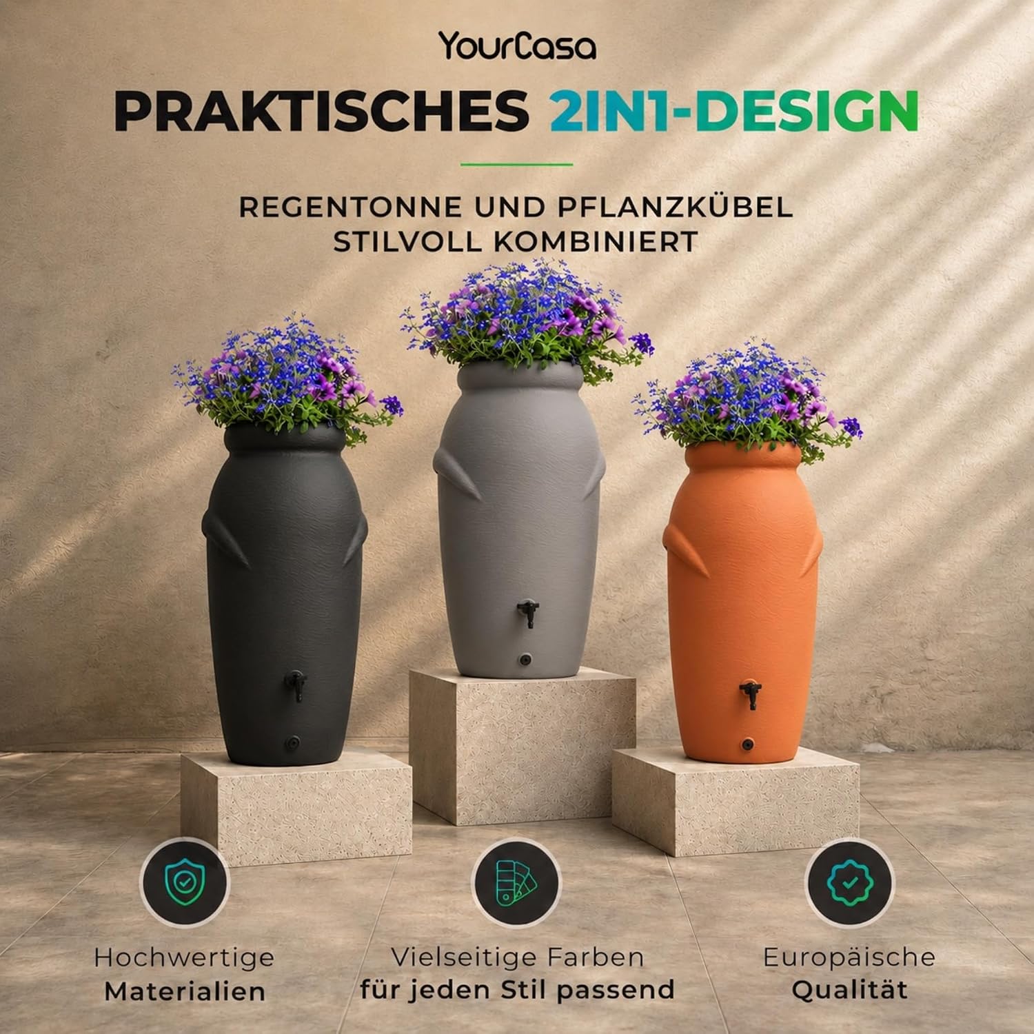 Detalle de YourCasa Regentonne 210 Liter im Amphore-Design (anthrazit), frostsicher aus Kunststoff mit Wasserhahn