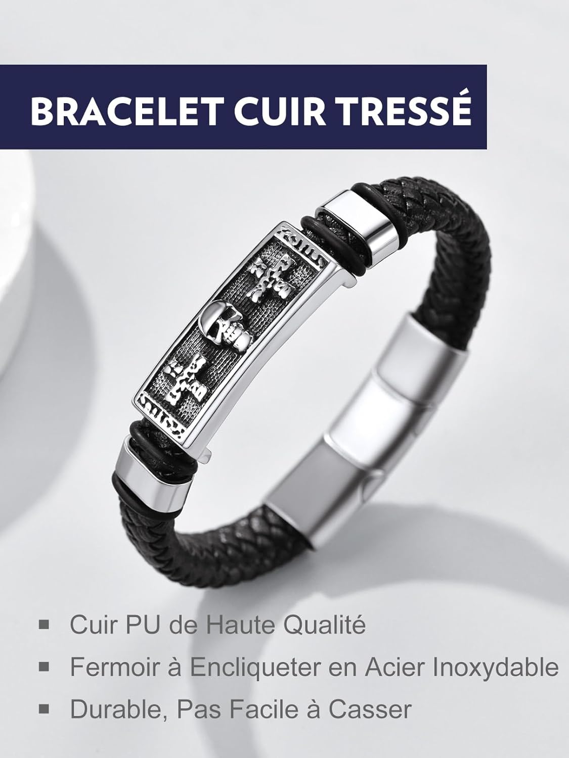 Thumbnail 2 de Bandmax Bracelet Homme Cuir PU Tressé Noir 21/23 cm avec Manchette Marteau – Accessoire de mode Bandmax