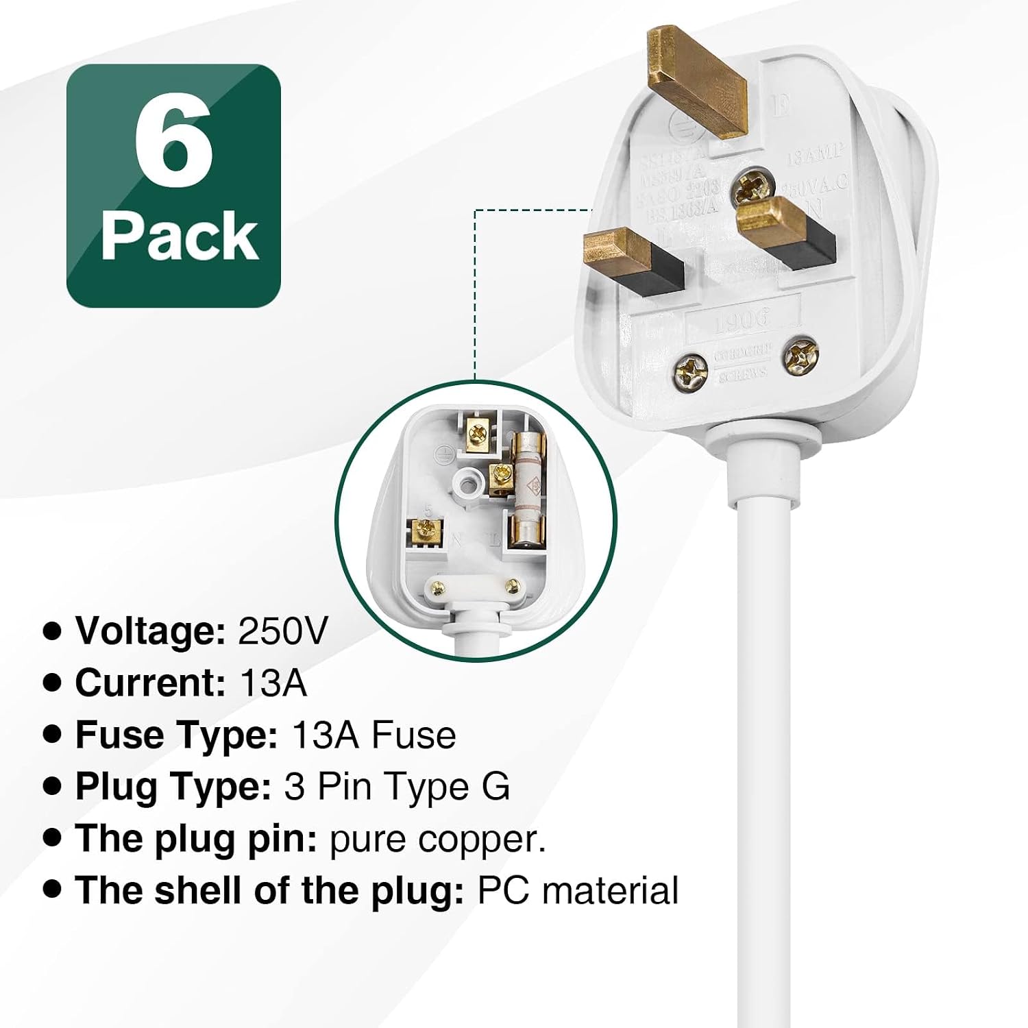 Detalle de UK Plugs with 13 Amp Fused, 3 Pin Mains Plug with Cord Grip – Heavy Duty Rubber Composite, Pack of 6