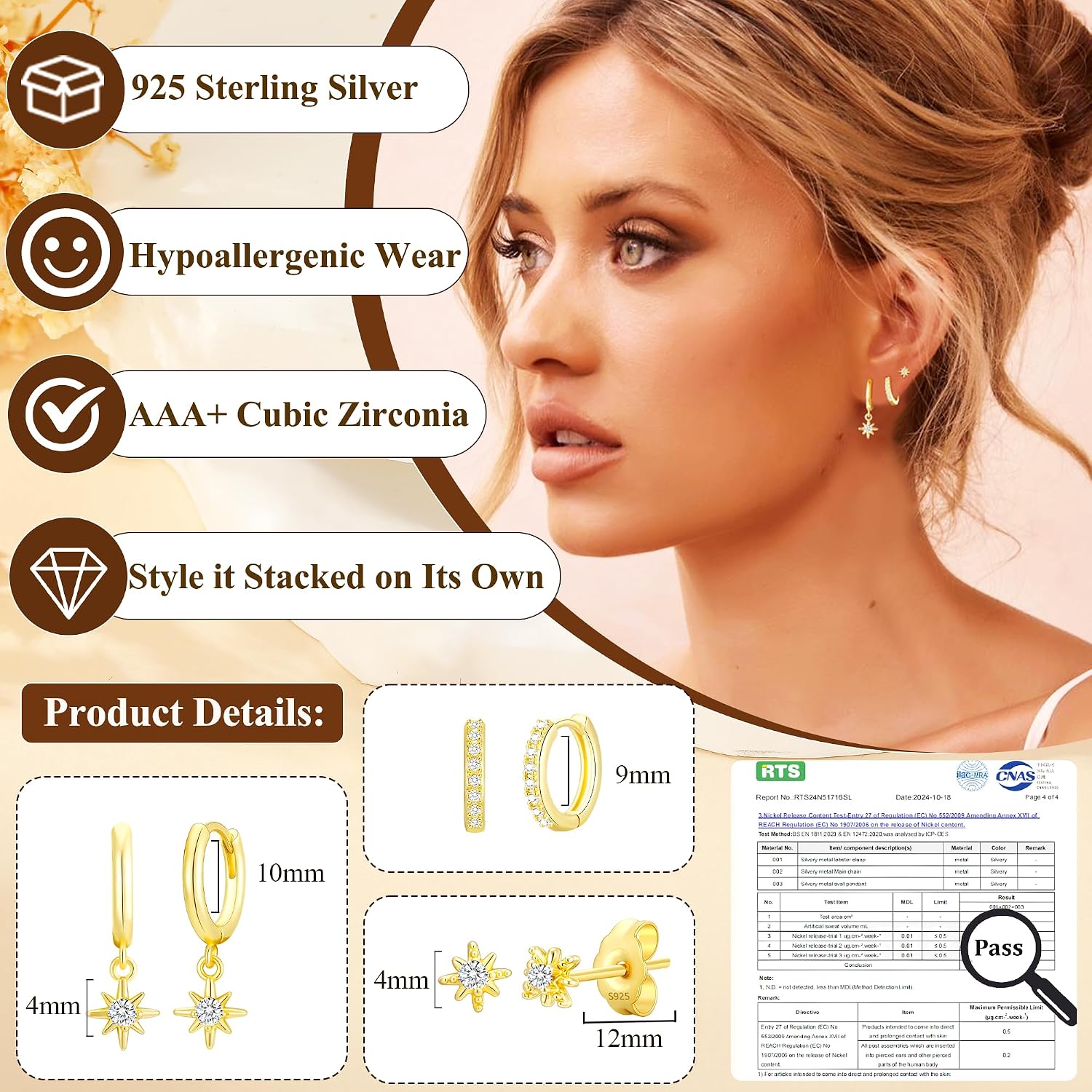 Detalle 2 de DORANA 3-Pair Sterling Silver Huggie Hoop Earrings with Cubic Zirconia