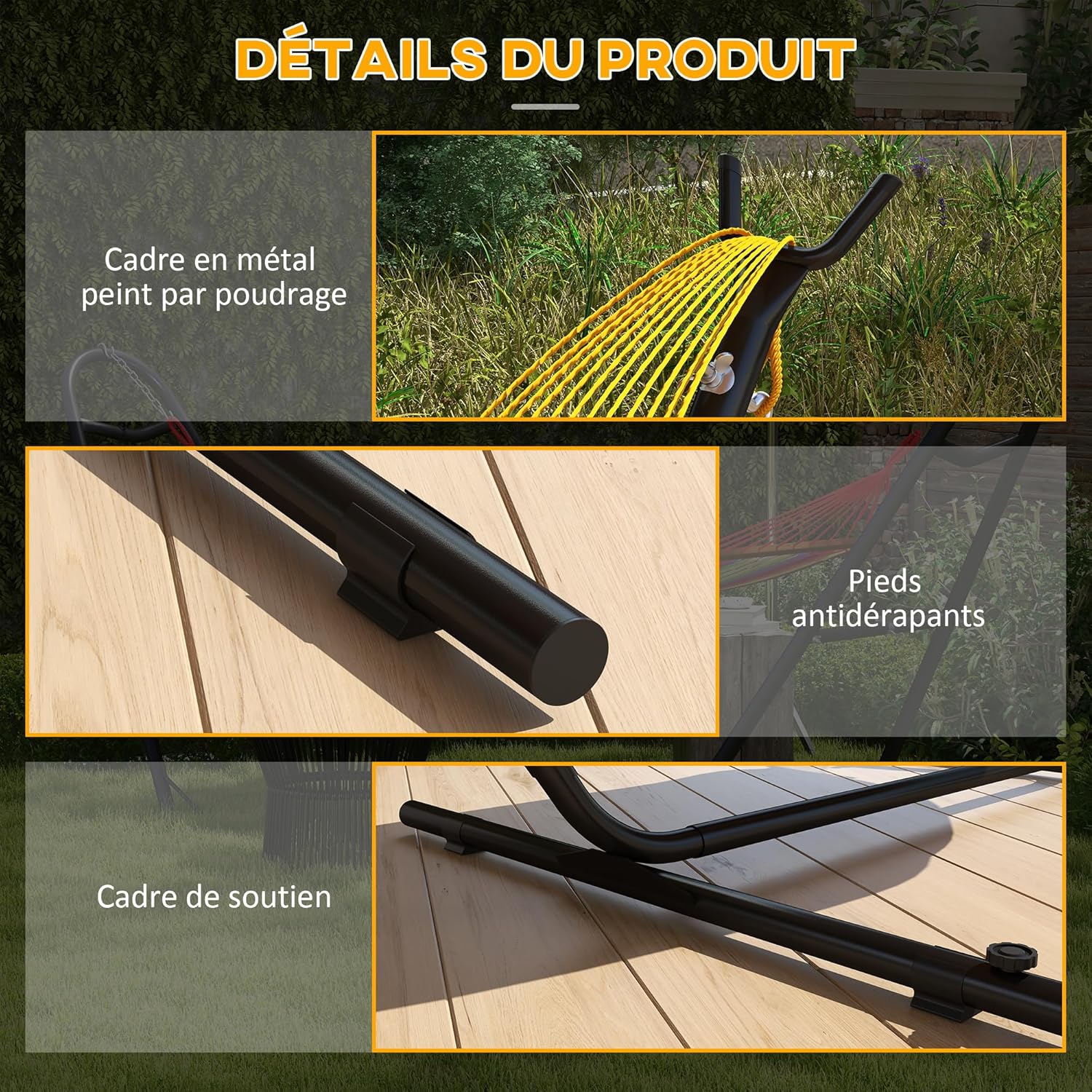 Thumbnail 4 de Outsunny Support Pied de hamac avec Porte-gobelet — cadre robuste en acier époxy noir
