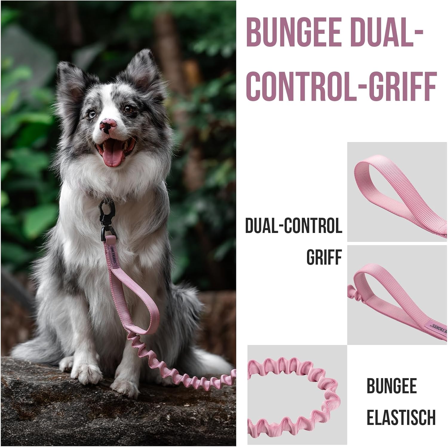 Detalle 2 de OneTigris Laisse pour chien à ressort 86–120 cm, nylon résistant avec clip en forme de dent de tigre – rose