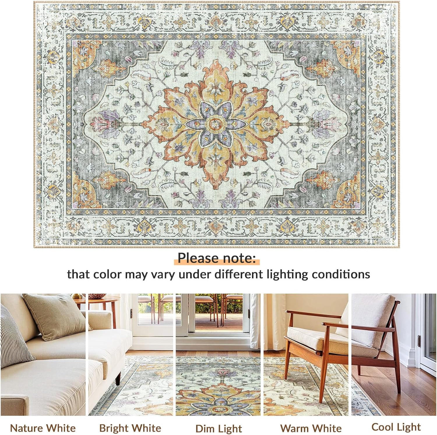 Thumbnail 5 de INOVADAY Machine Washable Vintage Low Pile Area Rug, 180x270 cm (Yellow/Grey/Orange/Purple)