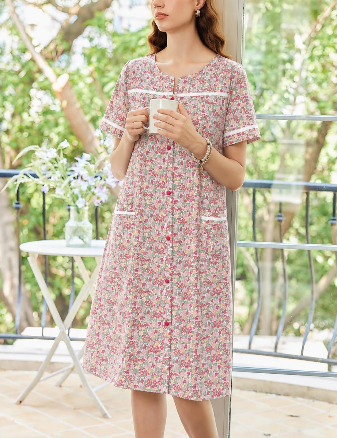 Thumbnail 4 de YOZLY Women’s Embroidered House Dress, Short Sleeves and Front Pockets, Black