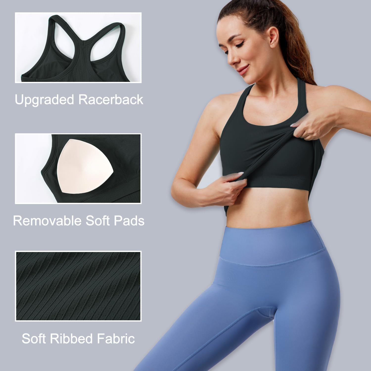Detalle de Evercute Women's Ribbed Workout Tank Tops with Built-in Bra — 1/2/3 Pack Racerback Crop Tank