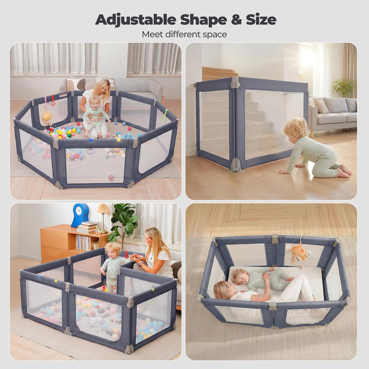 Detalle de Kidirect Foldable Baby Playpen, 71" × 69", Gray Mesh, 8 Panels