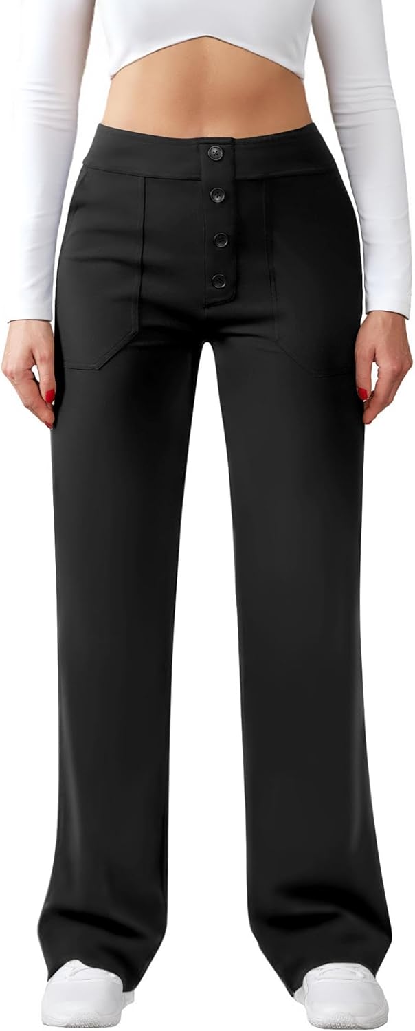 Detalle de Friptspyg Damen High-Waist-Hose mit weitem Bein, Knopf und Stretch – casual & Arbeit, mit Taschen