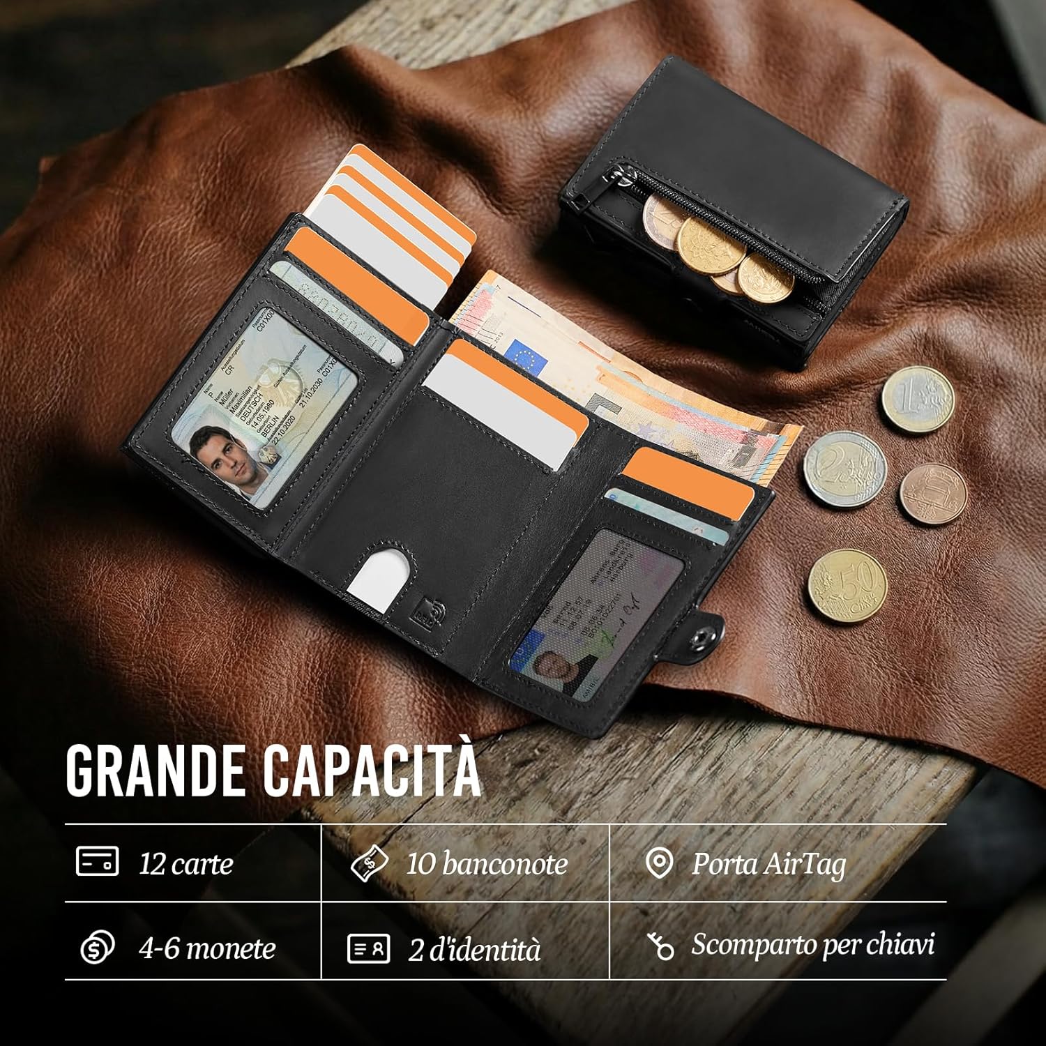 Thumbnail 4 de YESIIW Portafoglio Uomo slim per 12 carte con protezione RFID e alloggio per Apple AirTag (nero)