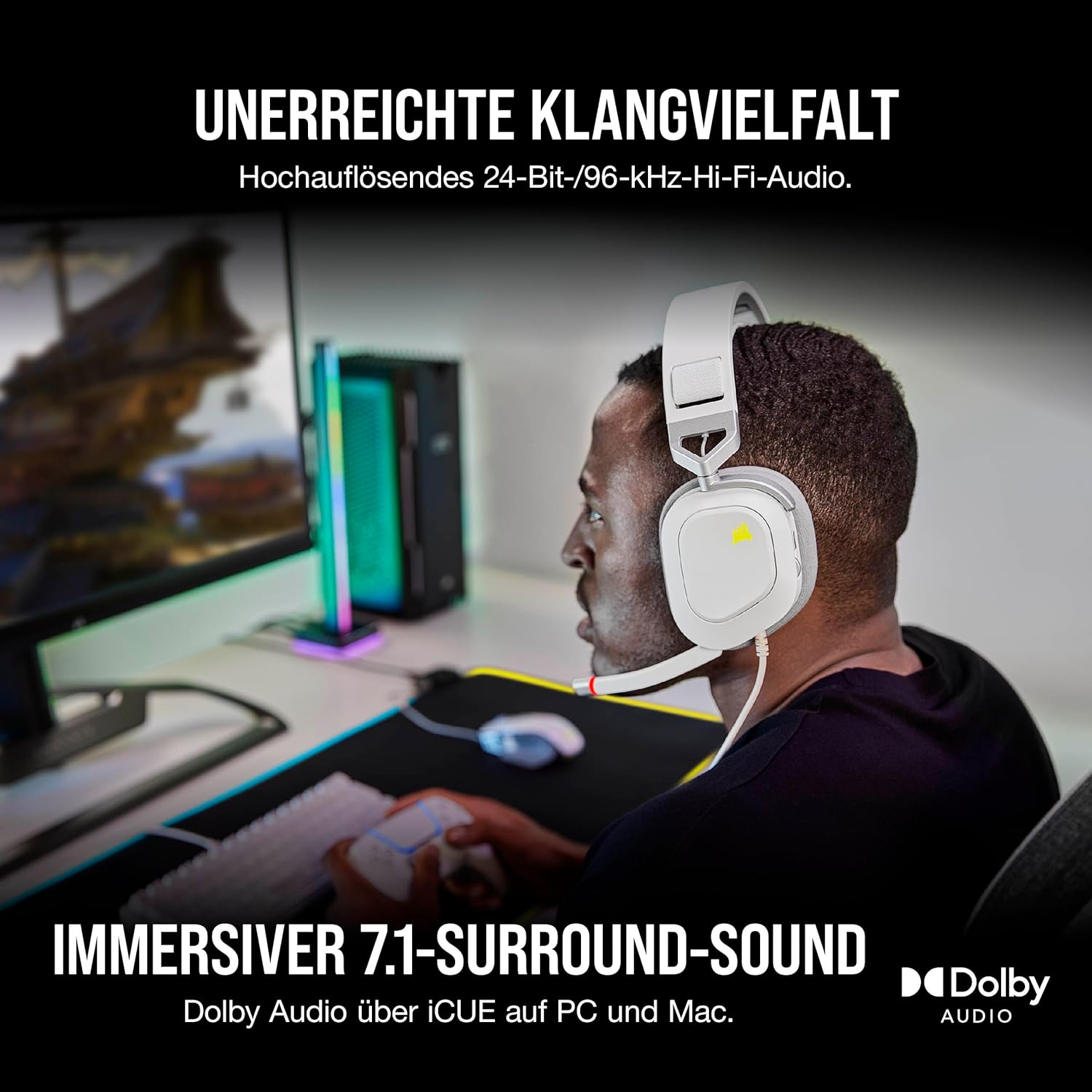 Thumbnail 1 de Corsair HS80 RGB USB Gaming-Headset (Weiß) mit Dolby Audio 7.1 und Broadcast-Qualität-Mikrofon