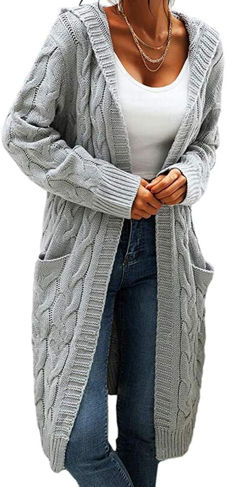 Detalle de GeGekoko Damen-Strickjacke mit Kapuze und Taschen (Langarm, Grobstrick-Cardigan, offen) für Herbst & Winter