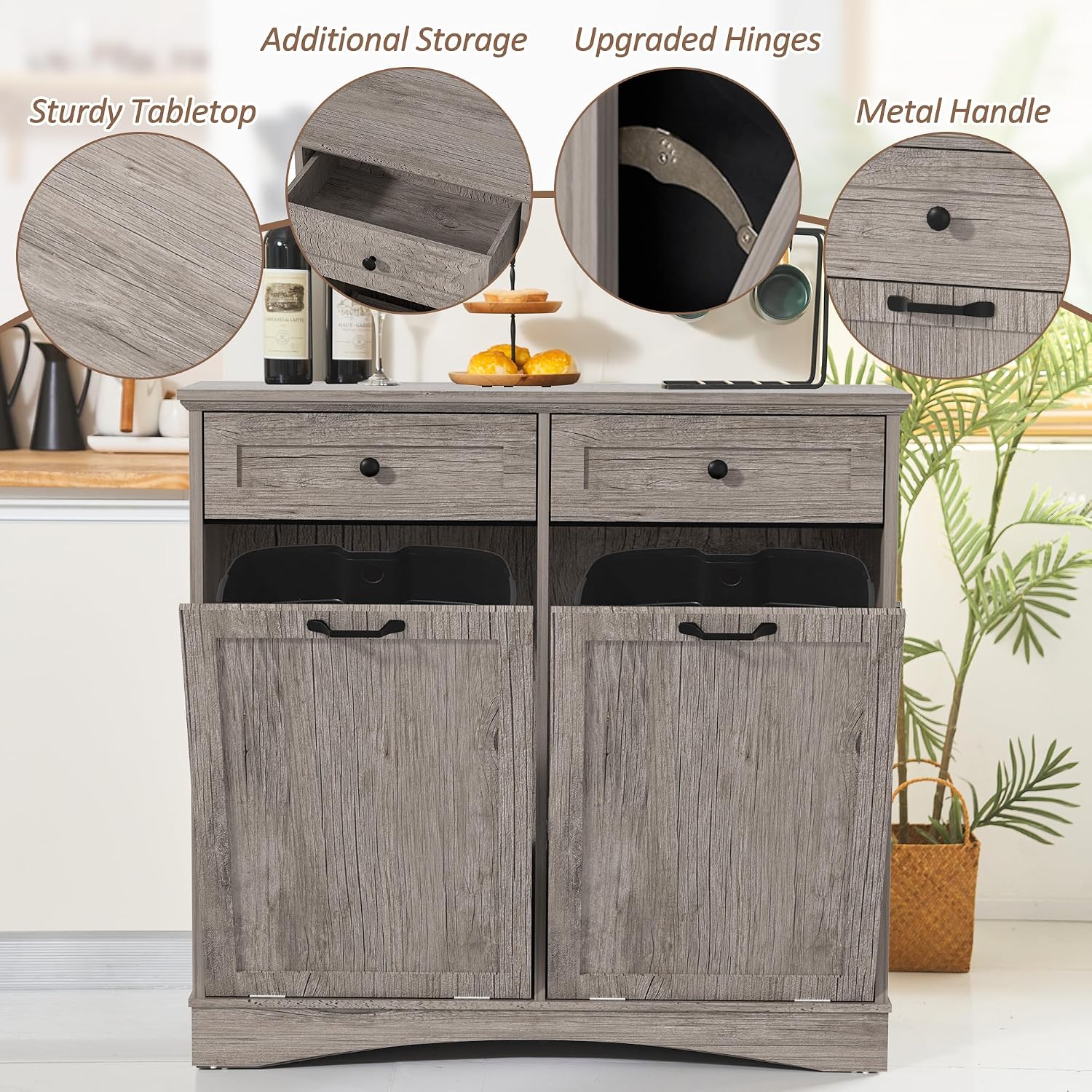 Detalle 2 de OUTGUAVA Double Tilt-Out Trash Cabinet, Gray, 26-Gallon Capacity, Drawers