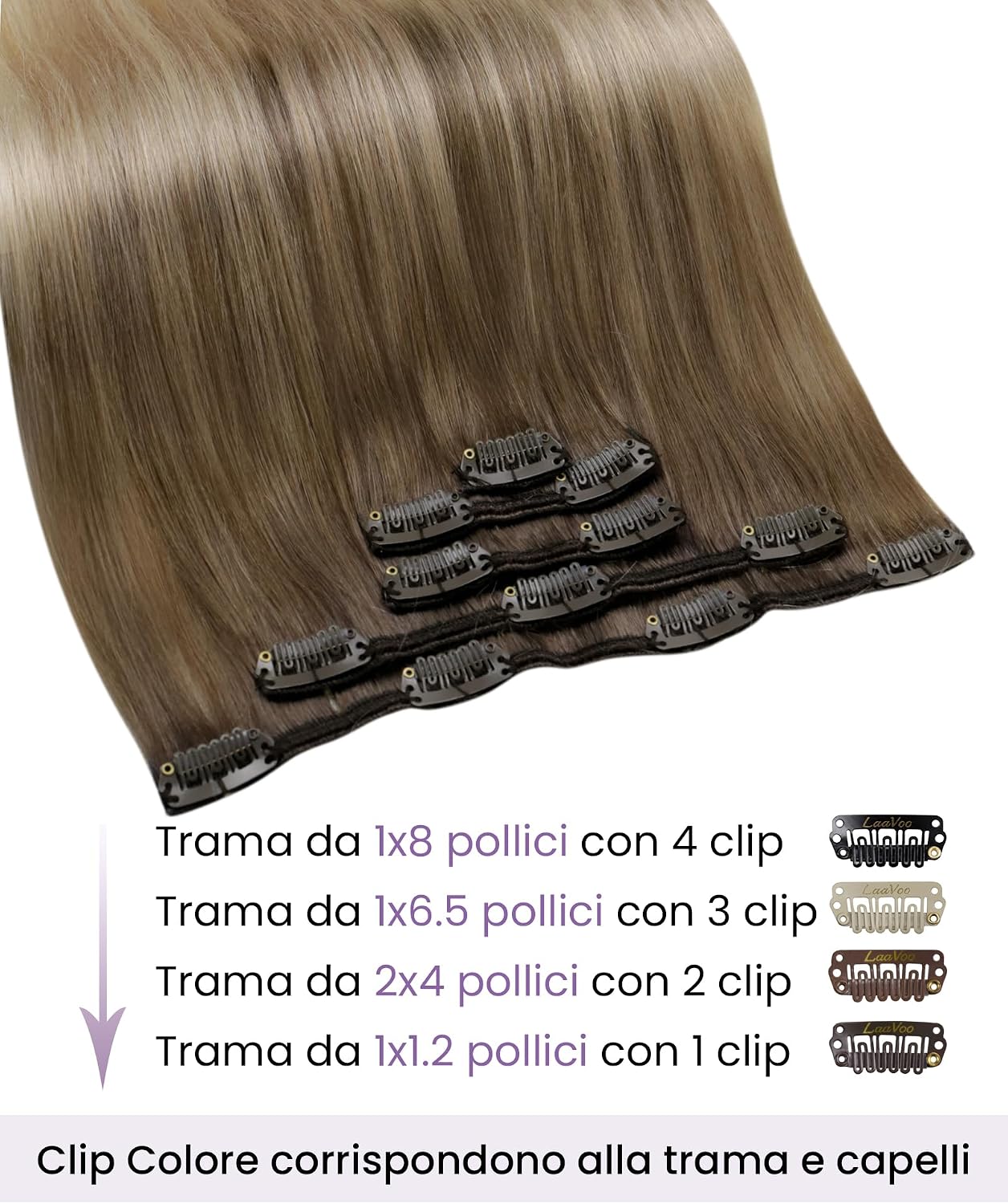 Detalle 2 de LaaVoo Extension Capelli Veri Clip 40 cm Balayage Marrone Chiaro/Platino #8/18/60 – 5 ciocche Remy