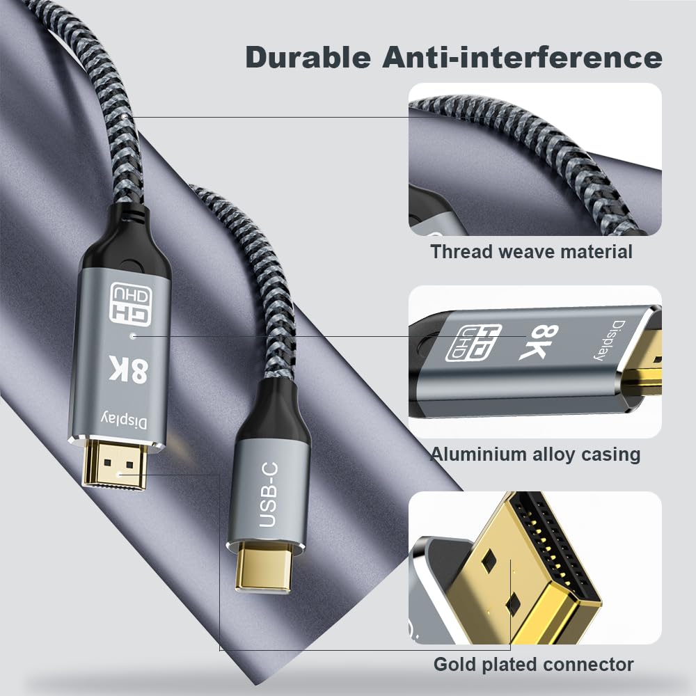 Thumbnail 6 de Angusplay USB-C to HDMI 2.1 Cable (3.3ft) – 8K@60Hz / 4K@144Hz, Thunderbolt 3/4 to HDMI, HDR10 & HDCP 2.3