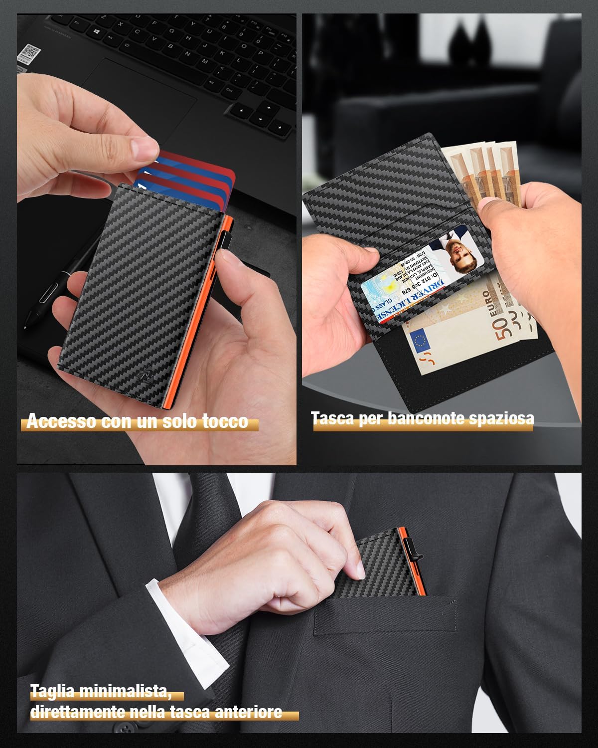 Detalle de Porta Carte di Credito Uomo Piccolo: Portafoglio Slim con Chiusura Magnetica e Finestra ID
