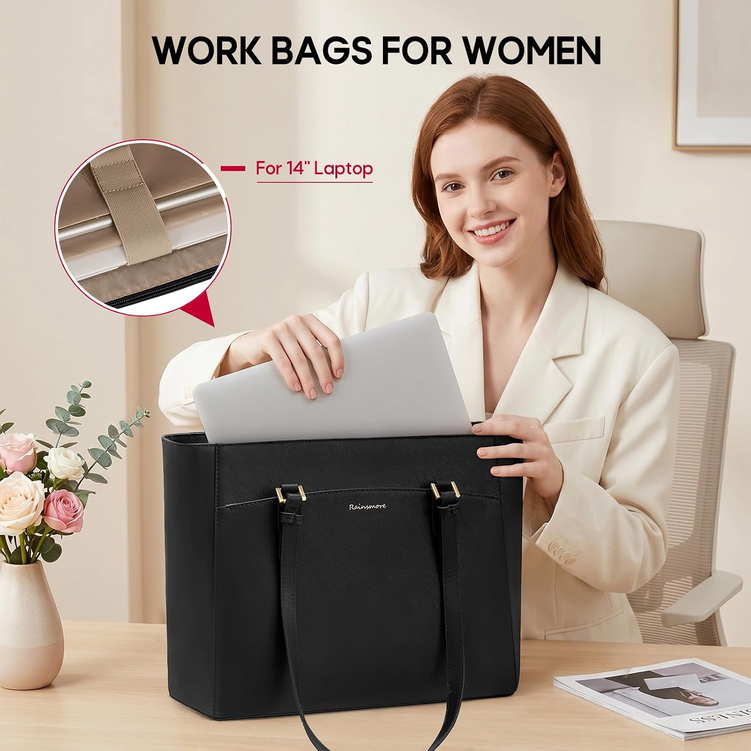 Detalle 2 de RAINSMORE Large Tote Bag for Women: Waterproof PU Leather, 14-Inch Laptop Compartment, Everyday Use