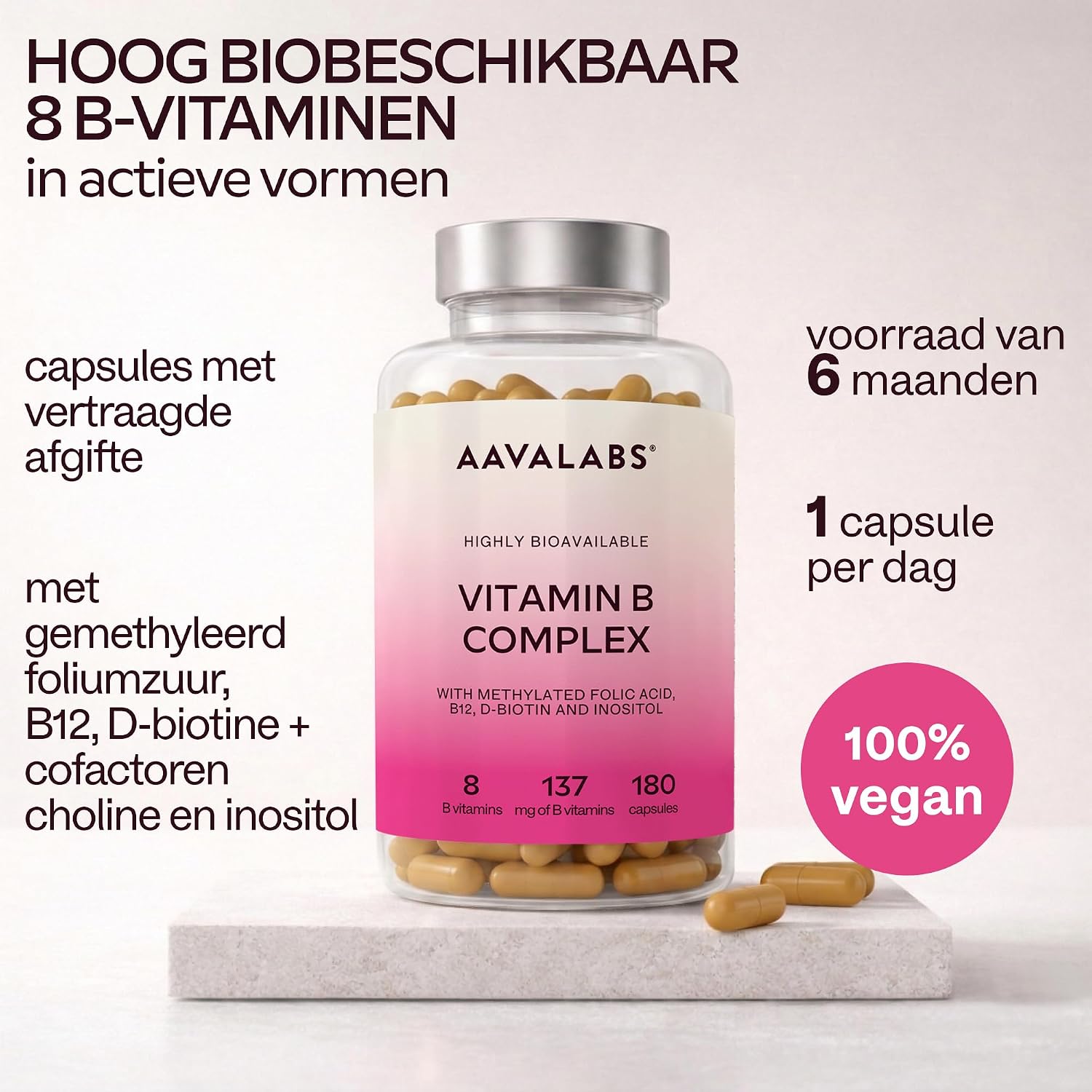 Detalle 2 de AAVALABS Vitamine B-complex capsules, 180 stuks, veganistisch
