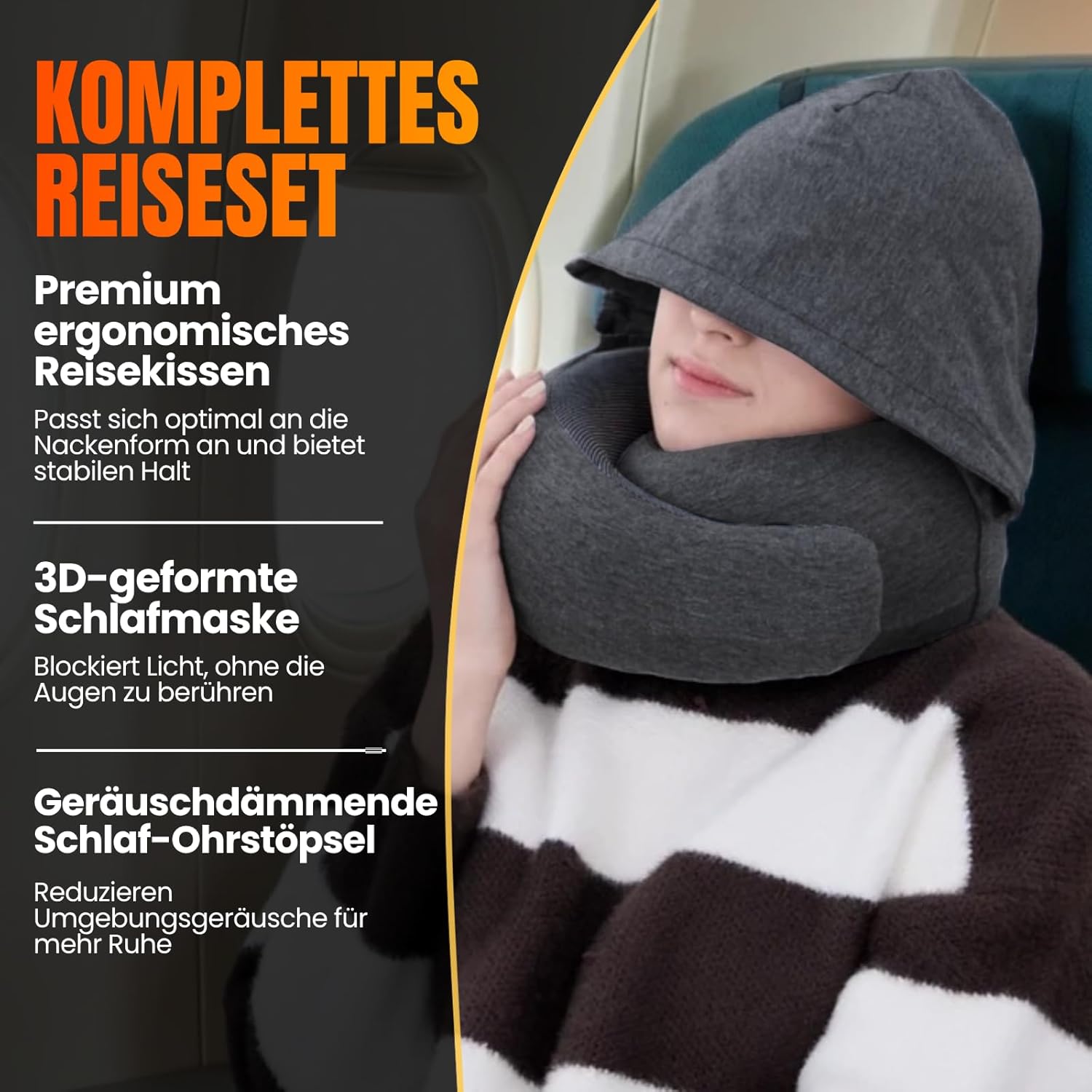Detalle de LOEXAIR Hooded Pro Nackenkissen – Memory-Schaum mit Kapuze, 100% Baumwolle, Privatsphäre und Lichtschutz für Flugzeug, Reise & Auto