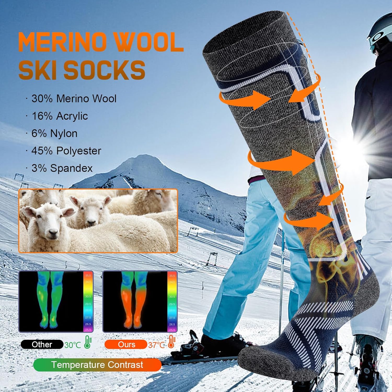 Detalle de Ciorld Merino Wool Ski Socks – 2 Pairs, Warm, Cushioned and Non-Slip for Men (UK)