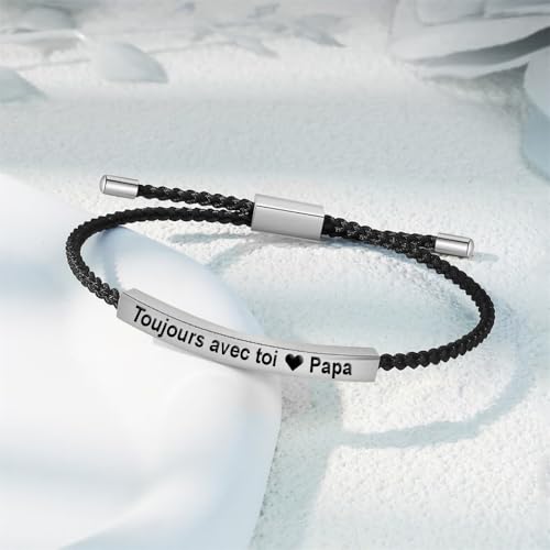 Detalle de Bramart bracelet homme gravé « Toujours avec toi Papa », acier et corde tressée