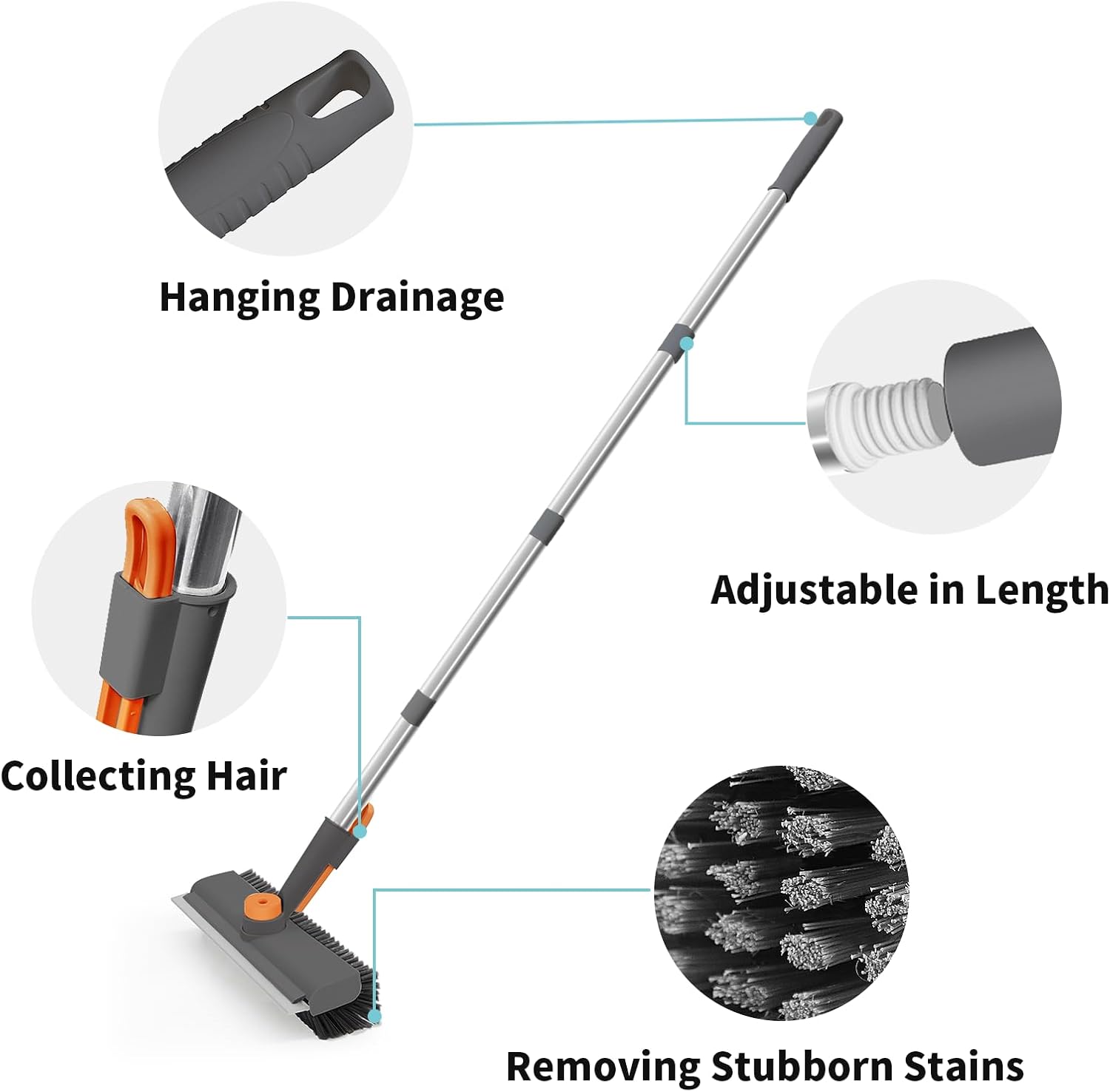 Detalle de Floor Scrub Brush with Long Handle — 3-in-1 Scrape and Heavy-Duty Stiff Bristle Scrubber (Gray, 1 Pack)