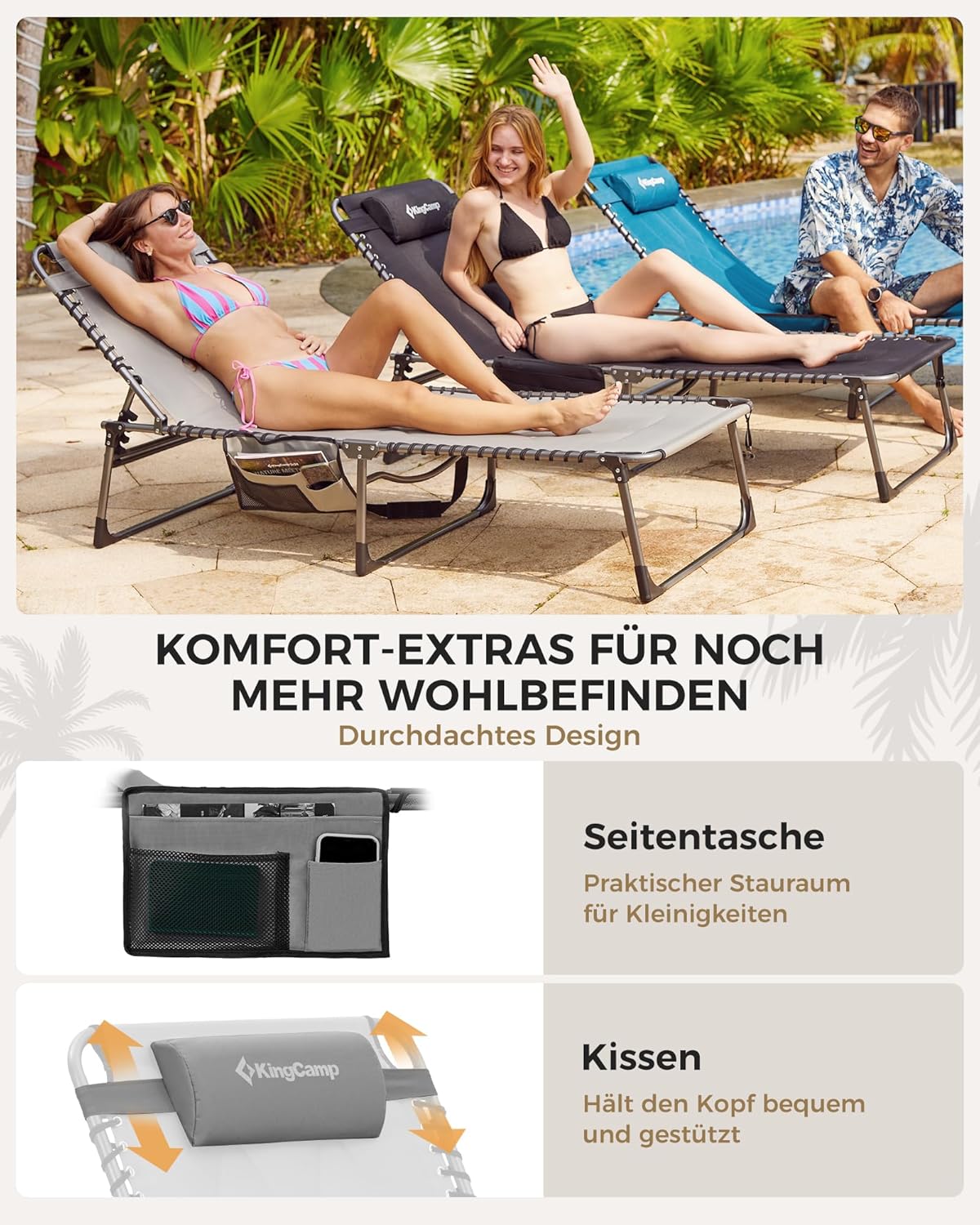 Thumbnail 6 de KingCamp Übergroße Sonnenliege Klappbar 5-Fach Verstellbar – 200 x 68 cm, bis 200 kg, inkl. Kopfkissen & Seitentasche
