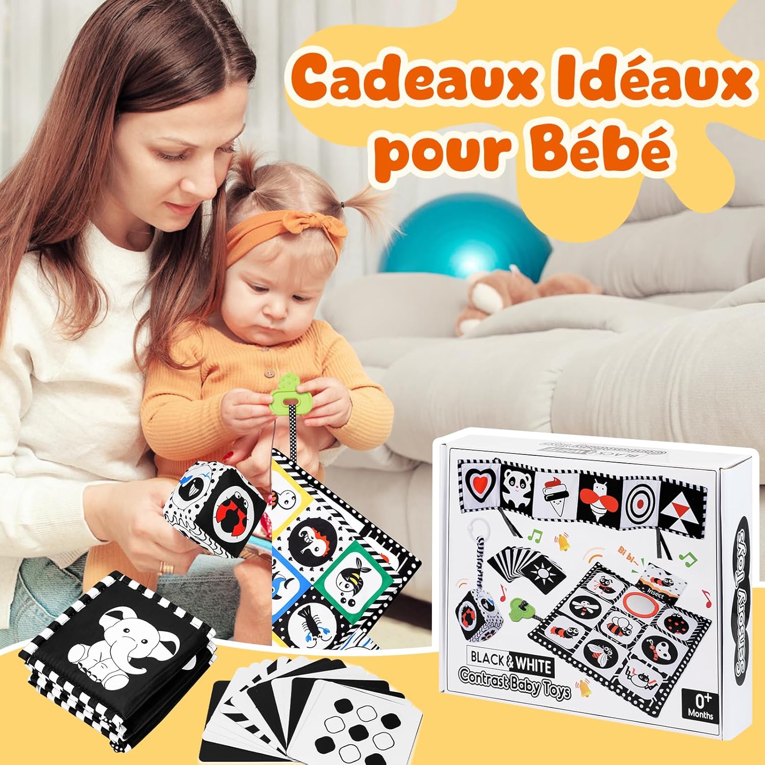 Thumbnail 6 de HappyKidsClub Jouet livre en tissu Montessori noir et blanc + hochet et tapis à froisser (0 à 12 mois)