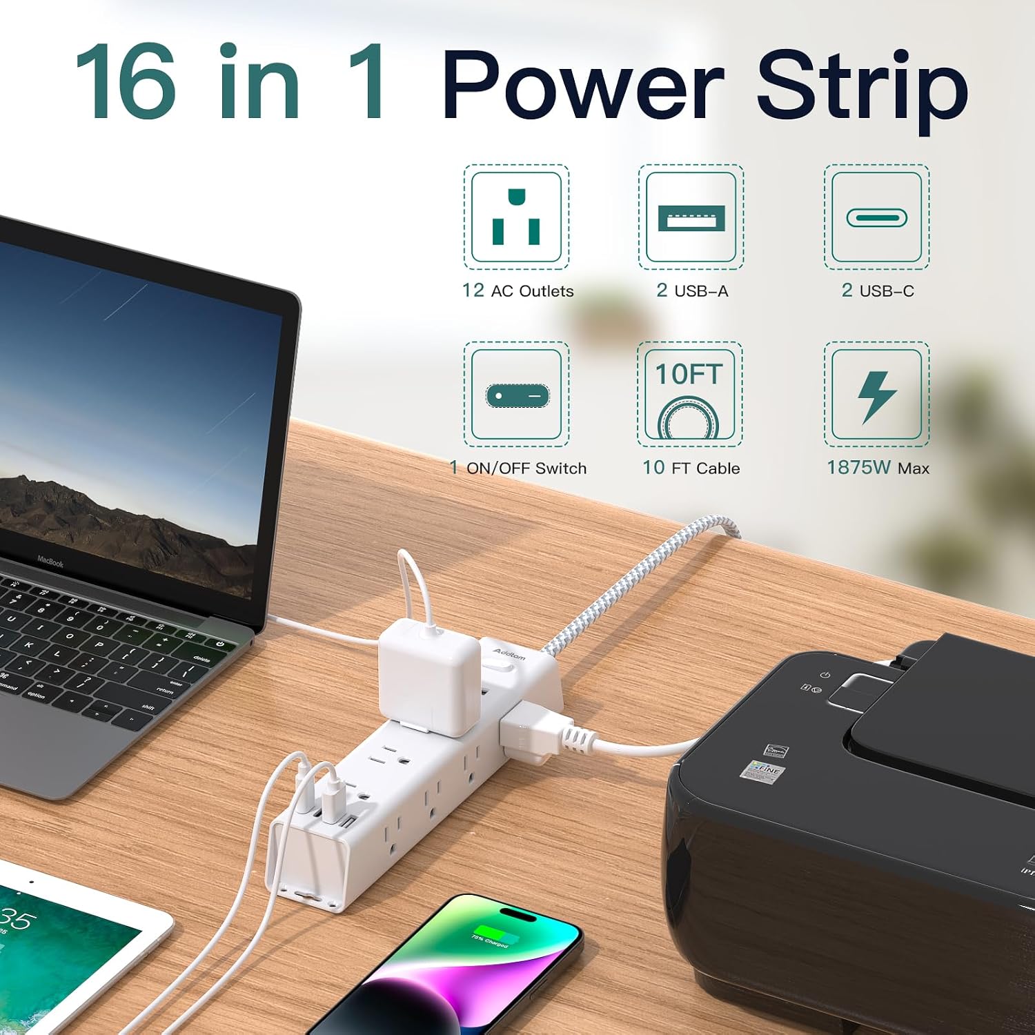 Detalle 2 de Surge Protector Power Strip 1050J โ 12-Outlet Strip ๐