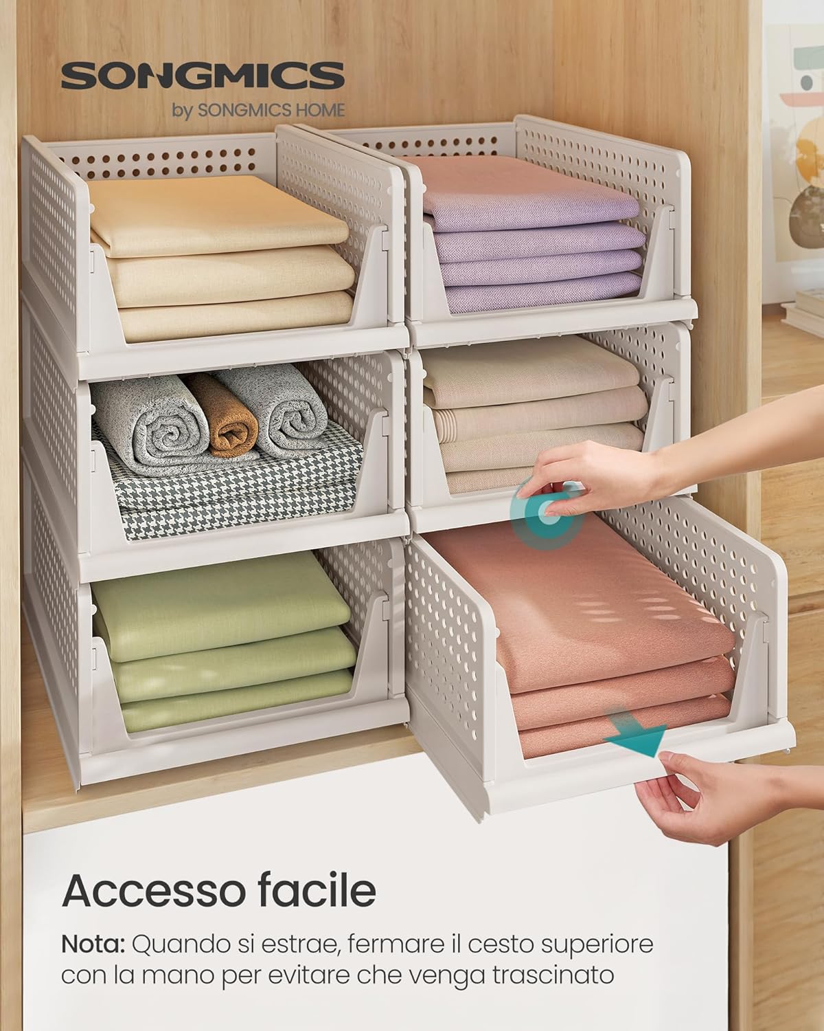 Detalle de SONGMICS Organizer per Armadio Pieghevole LPC600WZ01 – Set di 6 cesti impilabili scorrevoli