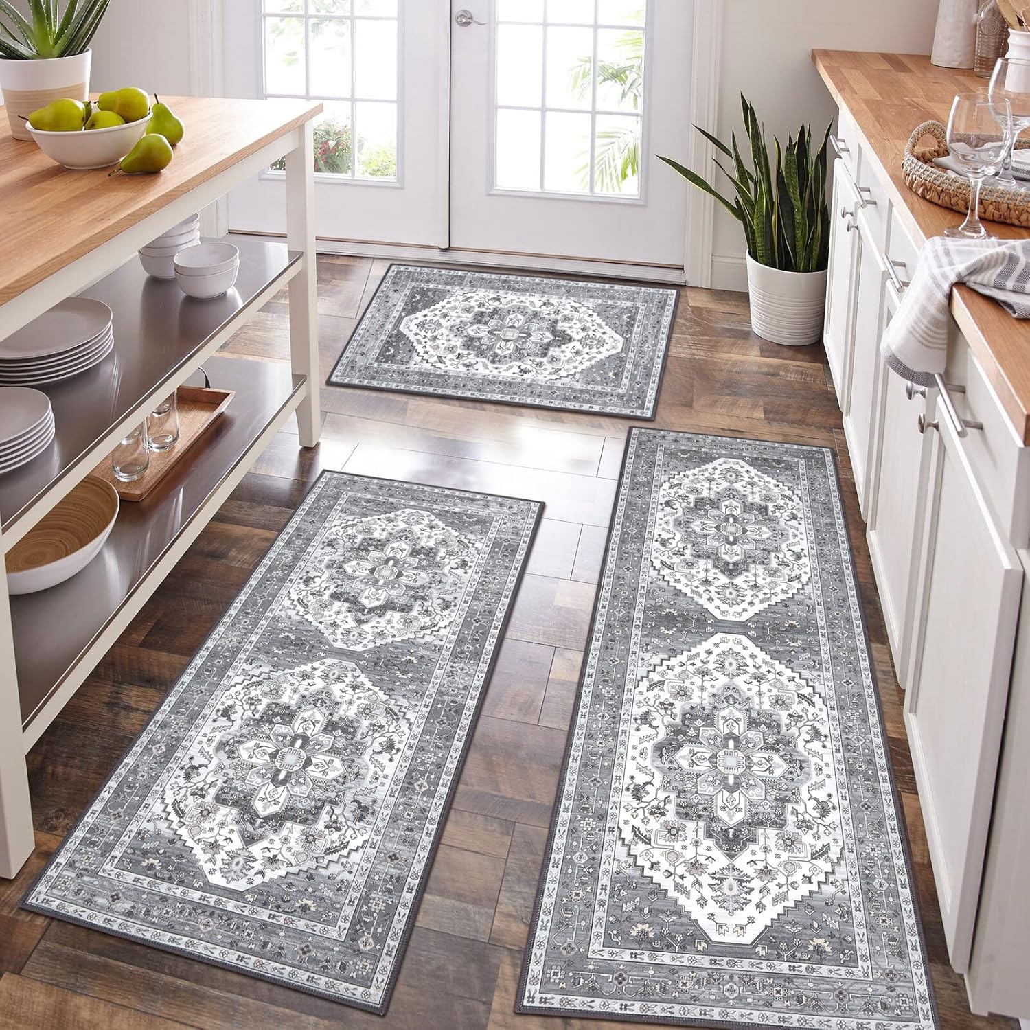 HEBE RUGS HEBE Boho Kitchen Rug Sets (3-Piece) with Runner — Non-Slip Washable Kitchen Mats