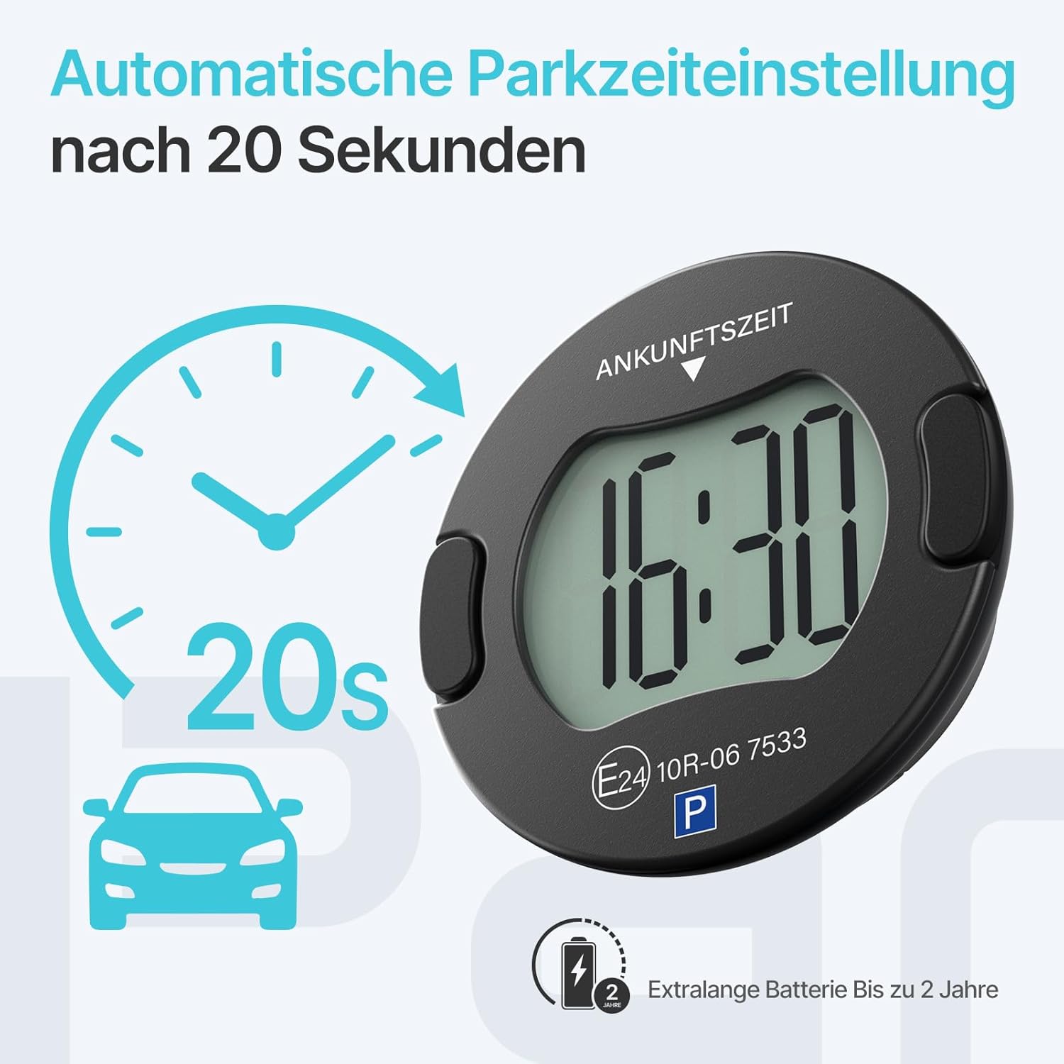 Detalle de Parkturon Elektronische Parkscheibe PT01 mit Zulassung – automatische Parkuhr mit 2 Displays und Nachtparkmodus (Schwarz)