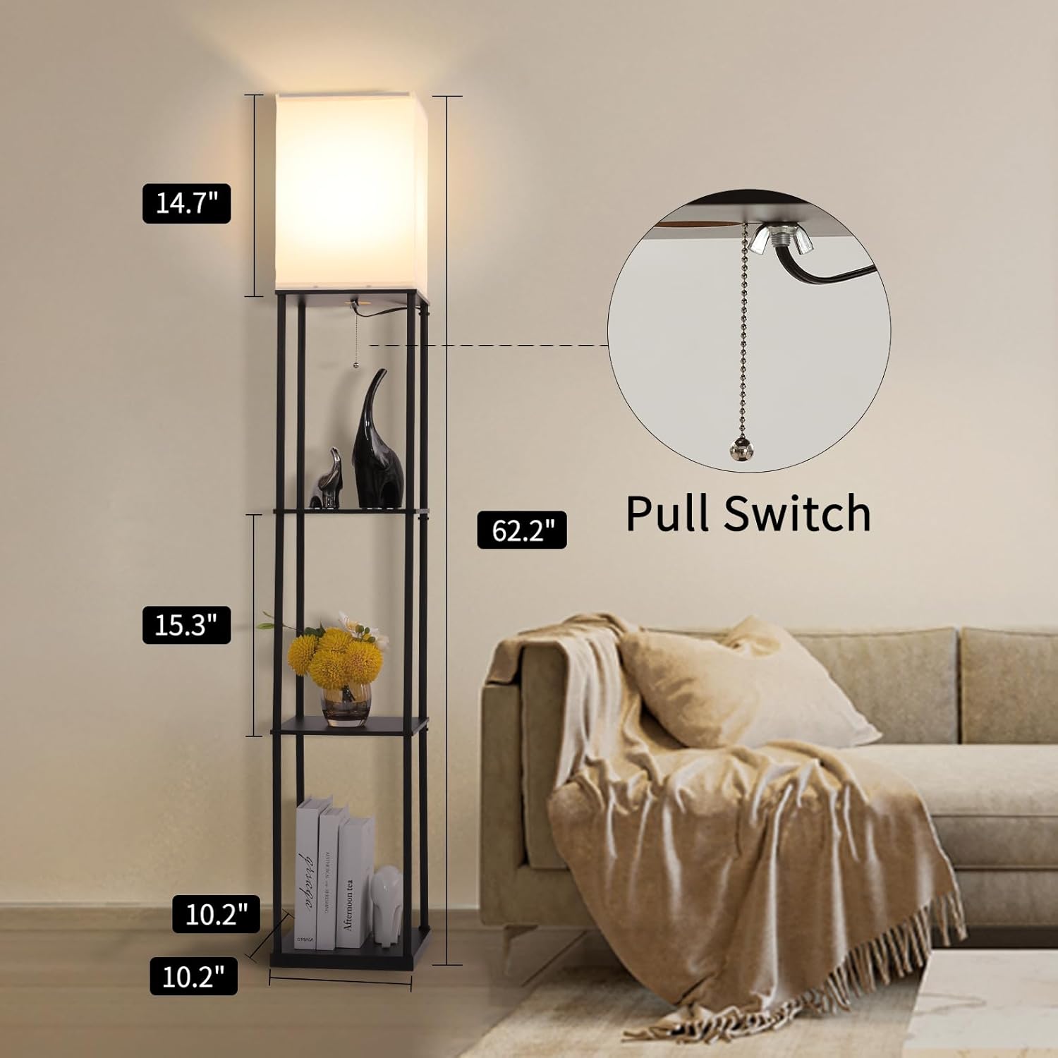 Thumbnail 3 de Gupuzm Floor Lamp with Shelves — Modern Square Standing Lamp with 3-Color Temperature Bulb (Black)