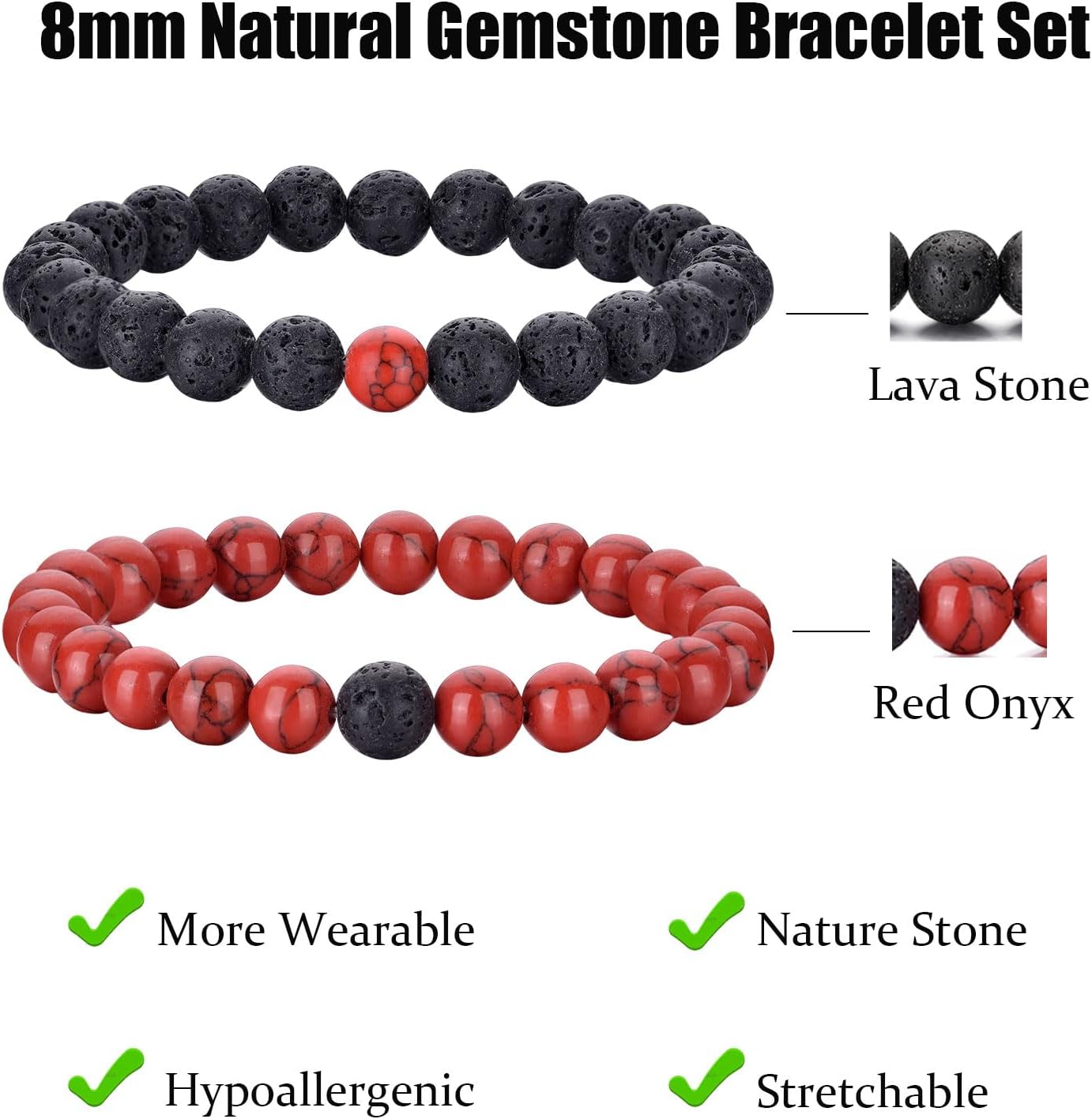 Detalle de RANKEEF Herren-Perlenarmband-Set (8 mm) mit Stretch & verstellbar – 3 oder 5 Armbänder