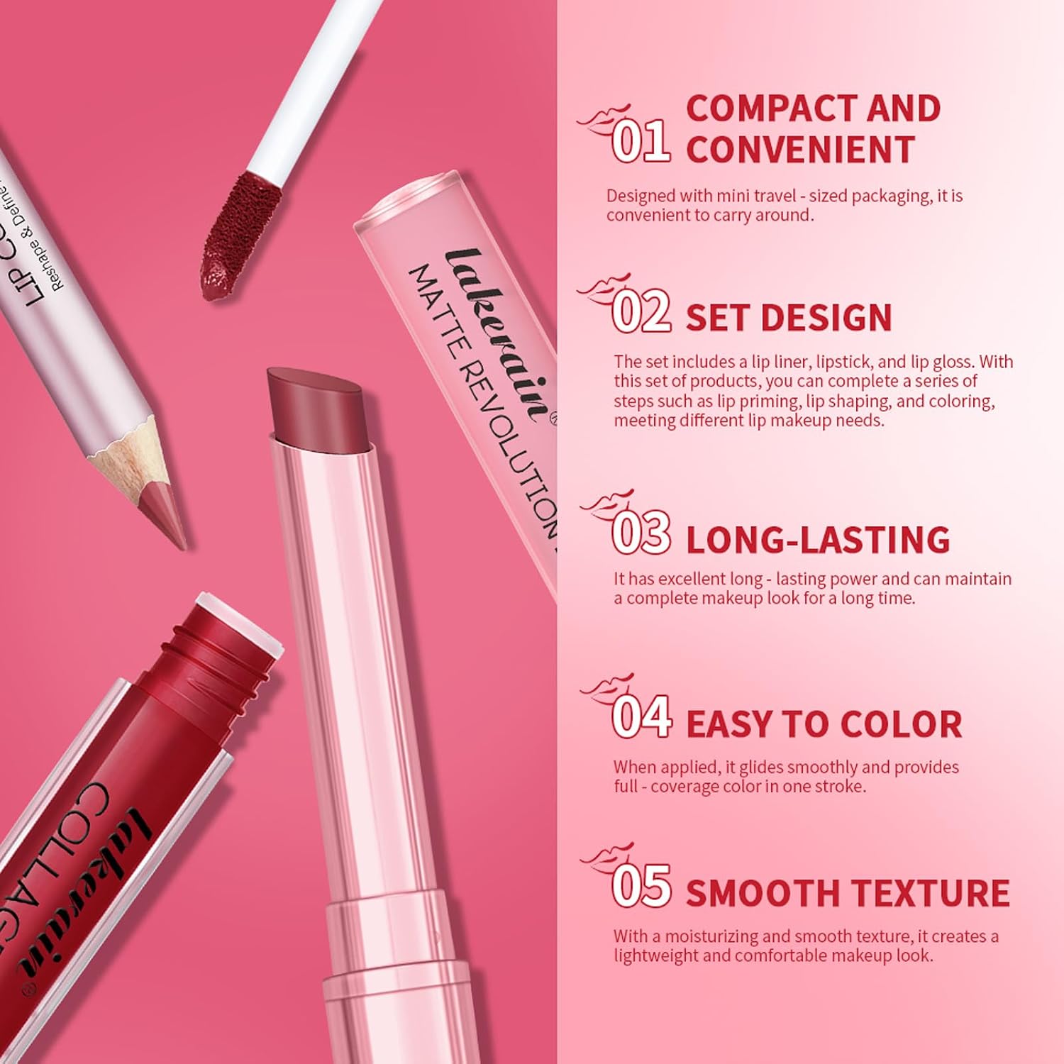 Detalle 2 de 3-Piece Nude Pink Lip Set with Lip Liner, Velvet Matte Lipstick & Collagen Gloss