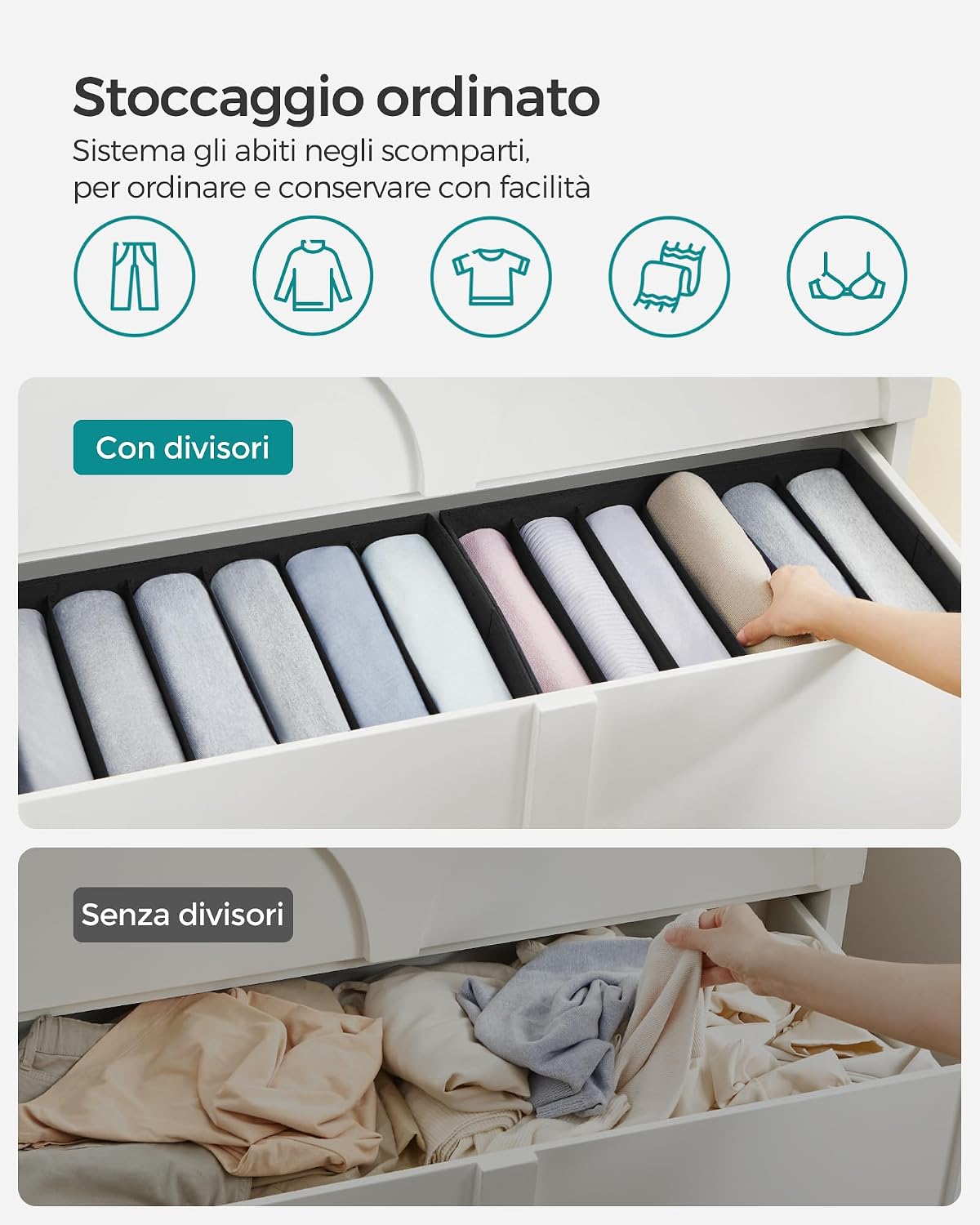 Detalle de SONGMICS Set di 4 organizzatori per armadio a 6 scomparti RUS009B04 (42 x 30 x 17 cm), scatole pieghevoli per biancheria – nero inchiostro