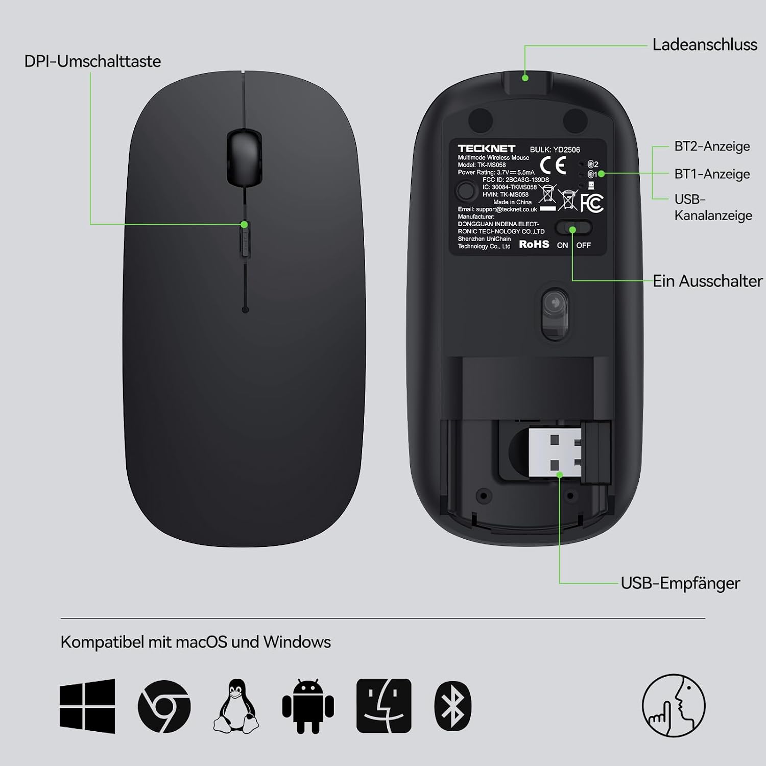 Thumbnail 6 de TECKNET Bluetooth Maus – Kabellose 3‑Geräte‑Maus mit 4800/3200/2400/1600/1200/800 DPI, USB‑Funkempfänger (2,4 GHz), Bluetooth 5.0, ultradünn und leise
