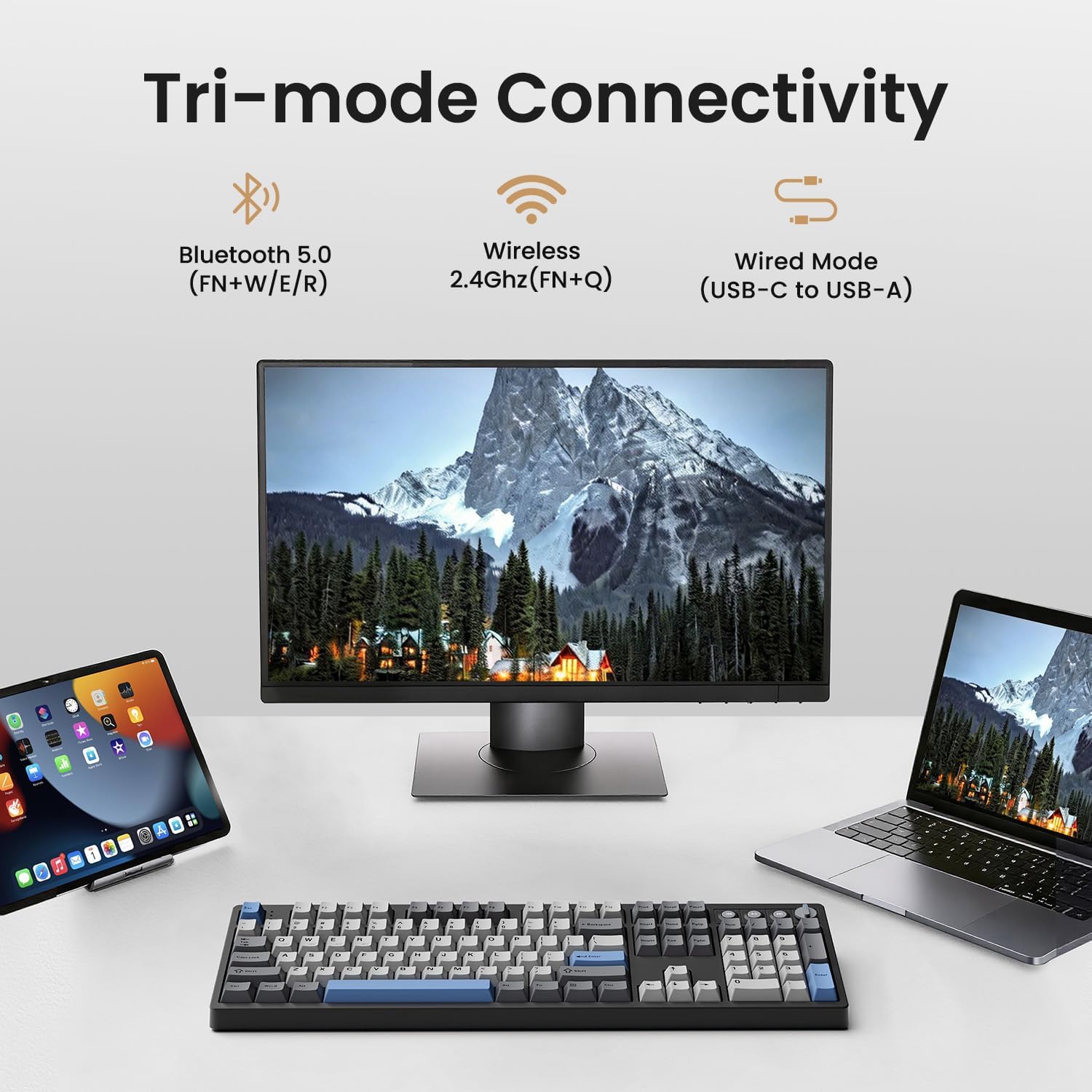Detalle 2 de Kisnt KN104 Wireless Mechanical Keyboard: Full-Size with Knob, Tri-Mode Connectivity, and Hot-Swappable Linear Switches