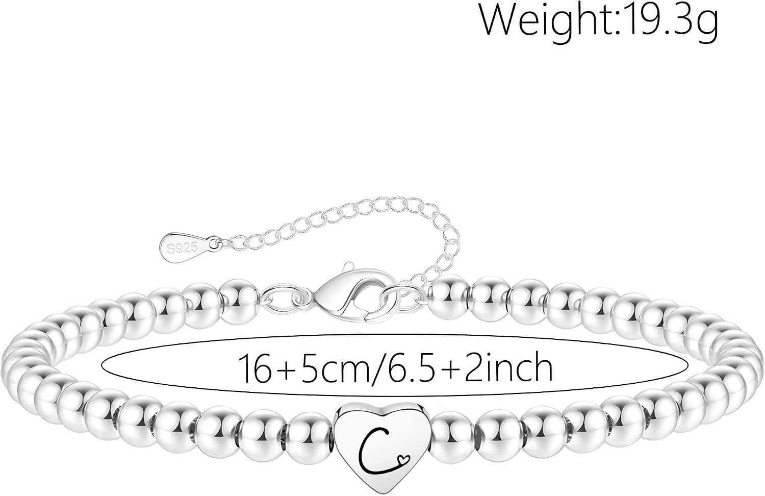 Detalle 2 de Crownette S925 Silver Bead Bracelet adjustable heart initial charm 💍