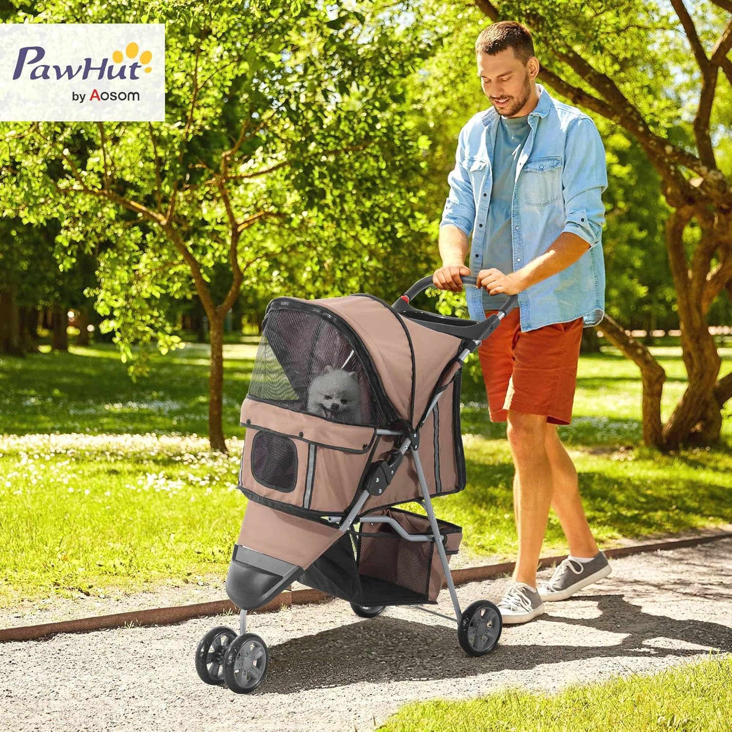 Detalle de PawHut Poussette buggy pliable pour animaux – chariot chien chat, 75 x 45 x 97 cm, marron